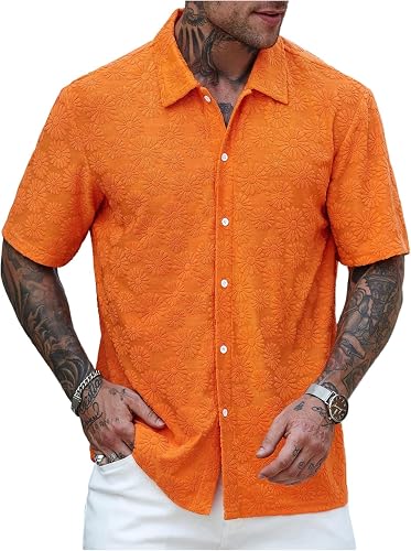 MakeMeChic Men's Hawaiian Button Down Shirt Floral Collared Boho Shirts