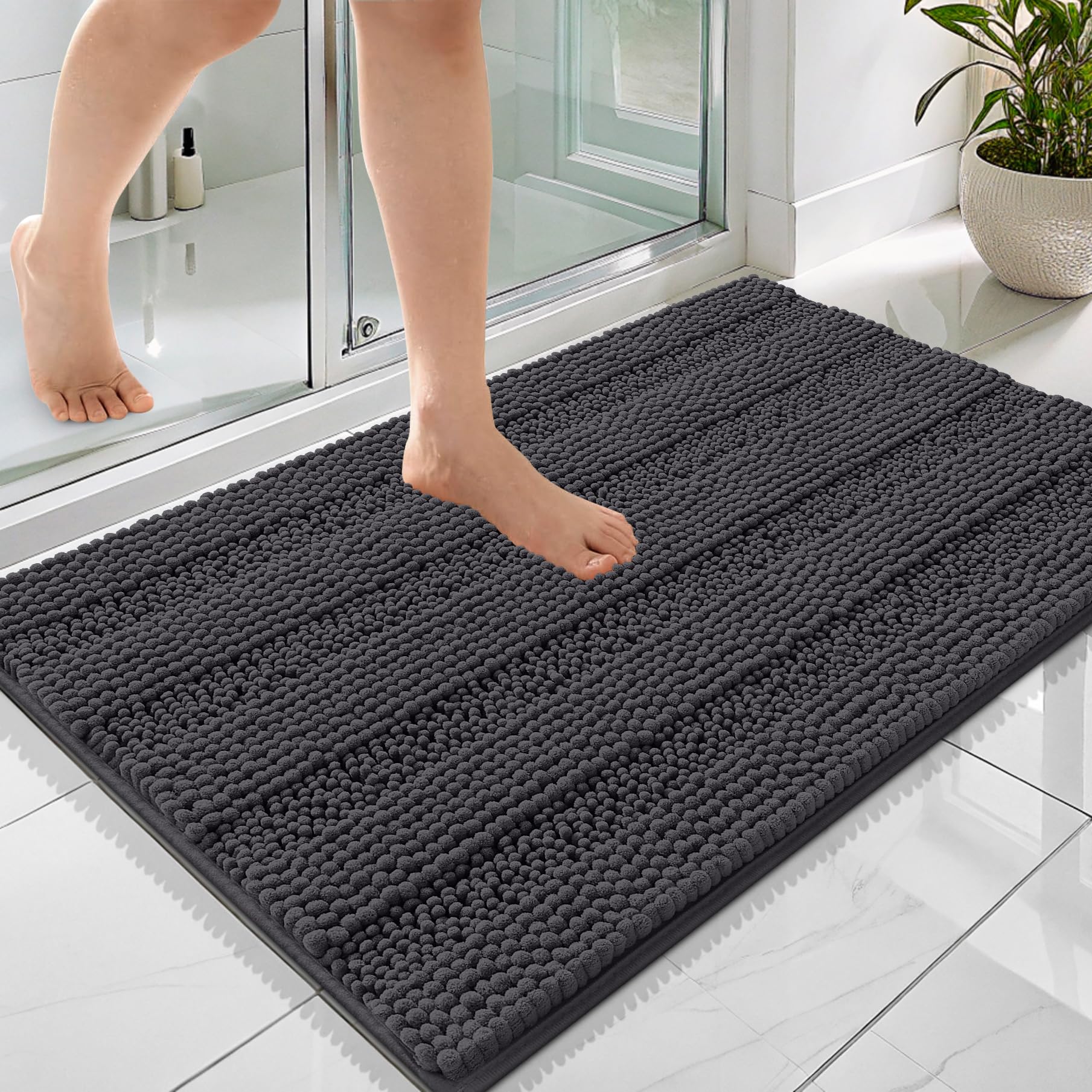 OLANLY Thick Bathroom Rugs 36x24, Chenille Striped Bath Rugs, Dark Grey
