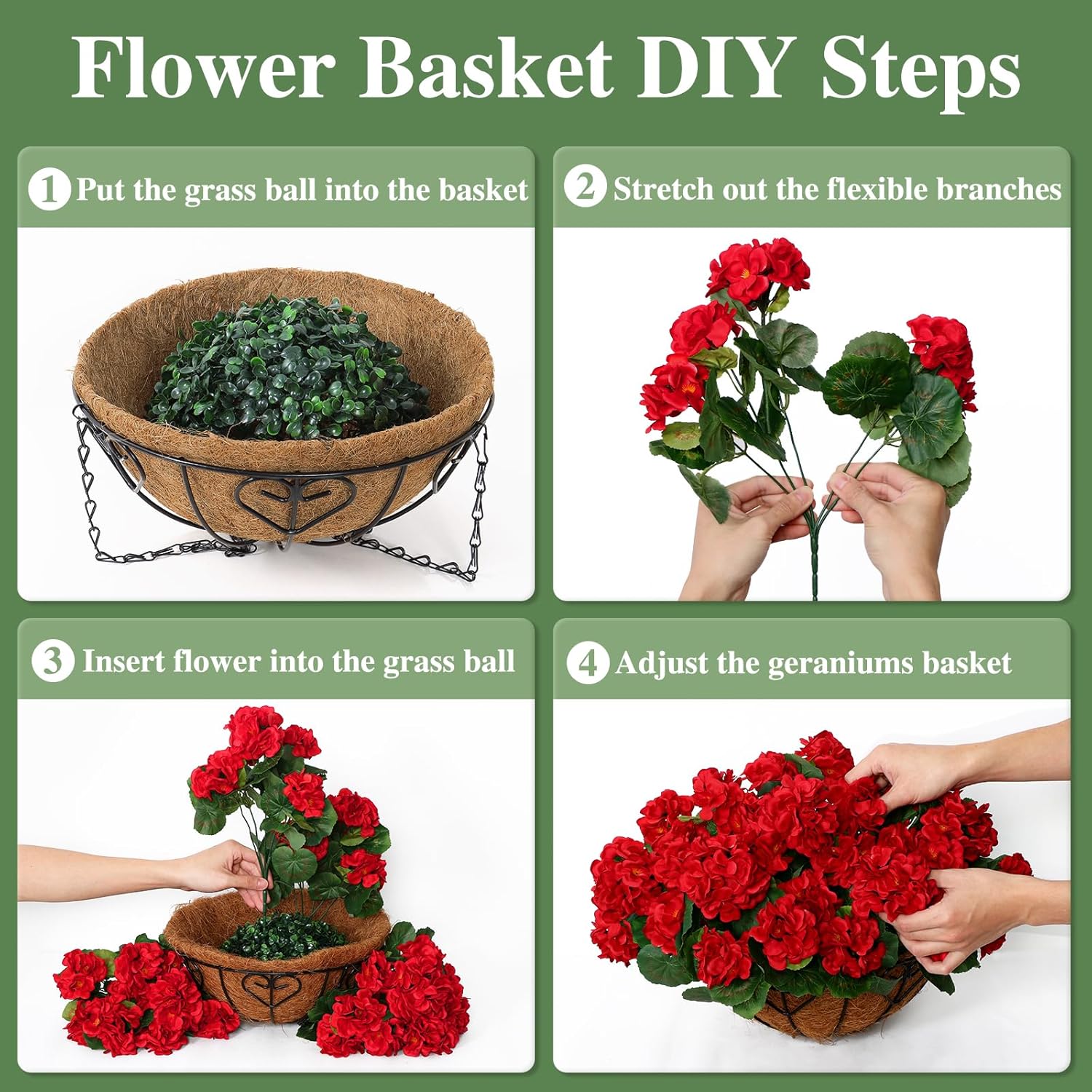 KHOYIME Artificial Hanging Flowers Plants Basket for Outdoors Indoor 2 Set Faux Silk Red Geraniums Fake Planters Realistic UV Resistant Spring Summer Home Outside Garden Porch Patio Balcony Yard Decor - Image 4