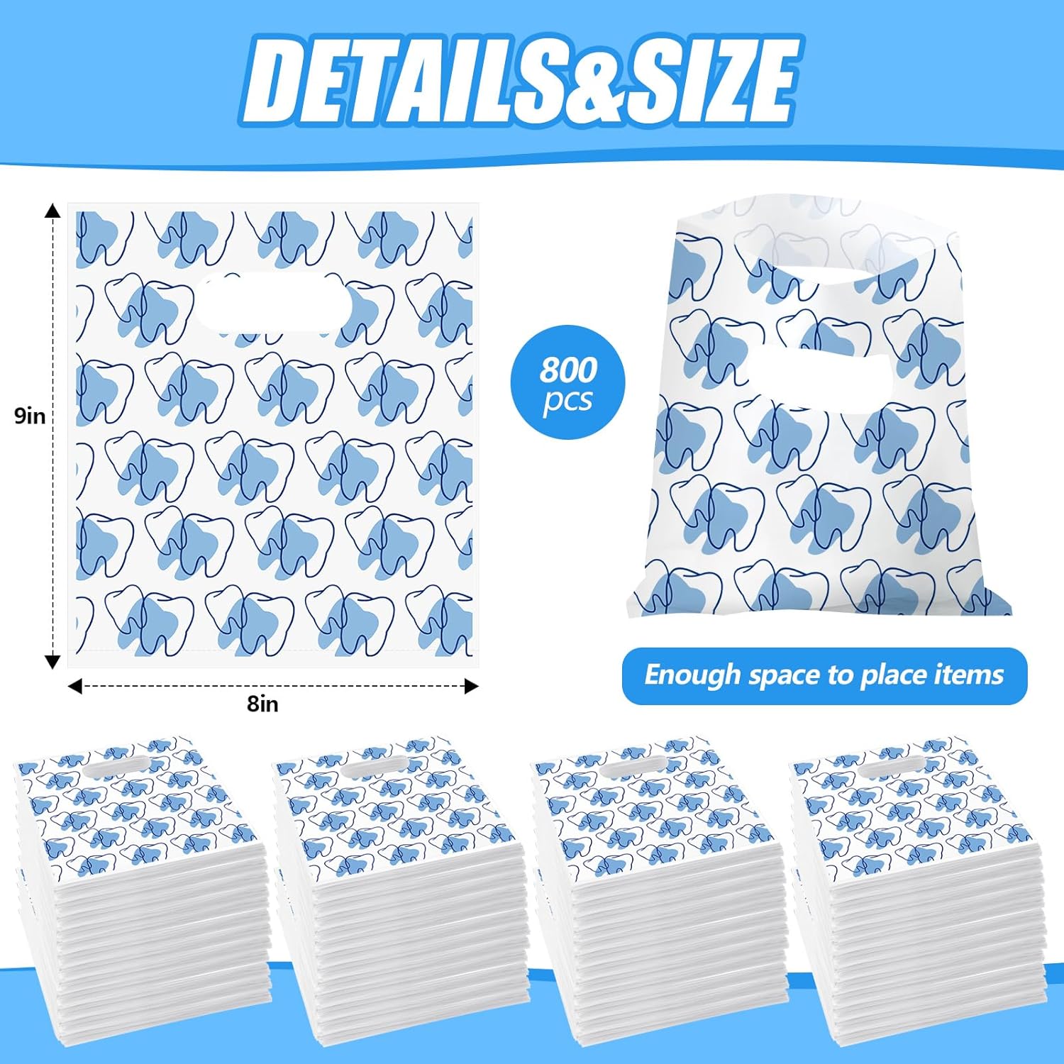Colarr 800 Pcs Tooth Patient Care Dental Bags Bulk 9 x 8 Inches Dental Giveaway Bags with Handles Dental Goodie Bags for Dentist Clinics Tooth Care Accessories Party Favor Encouragement Gift (Molar)