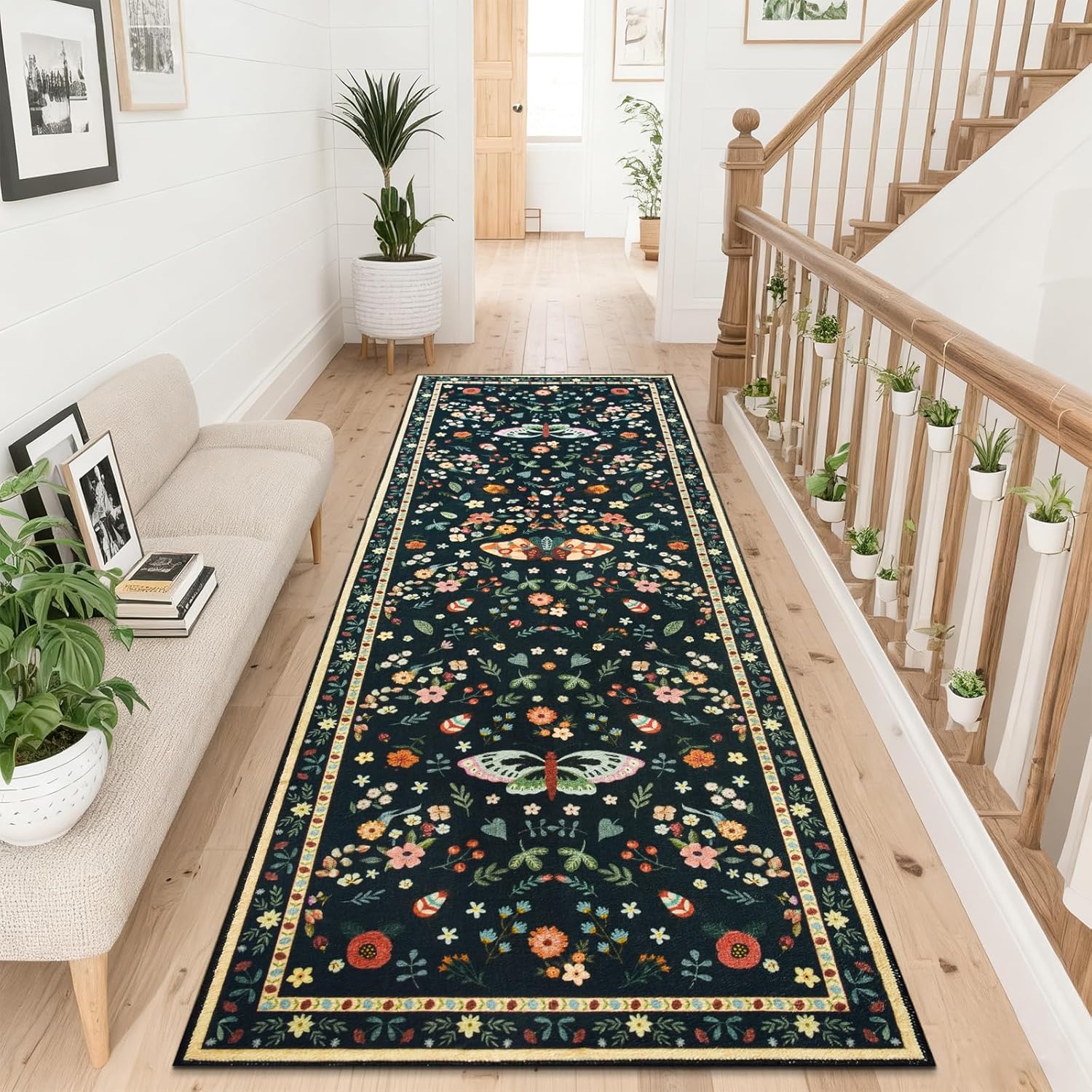 Washable Runner Rug, 2x6 Kitchen Runners for Hallways, Soft Floral Insect Throw Bedside Area Rugs for Bedroom Living Room, Non Slip Indoor Thin Long Carpets for Entryway, Black