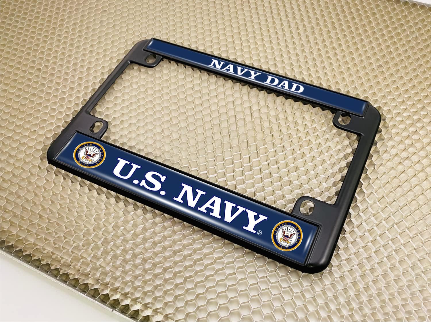 [Officially Licensed Product] - Motorcycle Metal License Plate Frame - U.S. Navy Dad with Eagle and Anchor Logo Design - Black