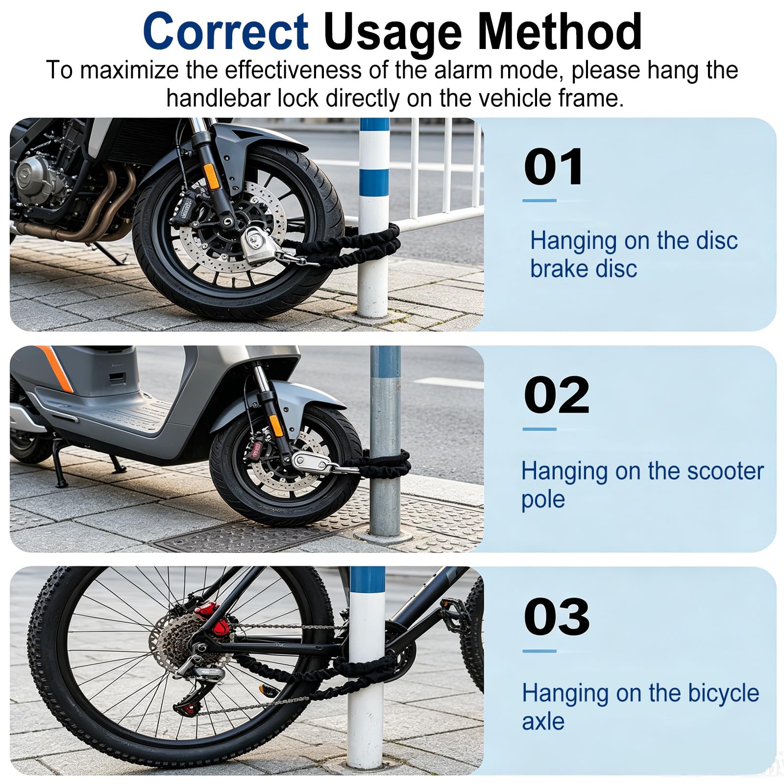 Lucchetto per bicicletta con allarme, 130 DB, sistema di allarme per bicicletta, 100 cm, con mini lucchetto ad archetto, diametro 12 mm
