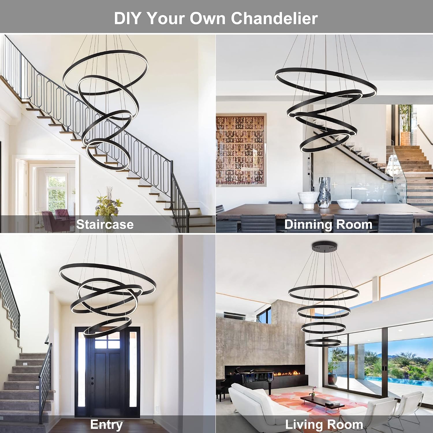 Large Modern Chandelier, 15.7"-31.4" Ring Chandelier LED Black Chandelier, 3000K High Ceiling Chandelier with 4 Ring, Large Chandeliers for High Ceiling Foyer Office