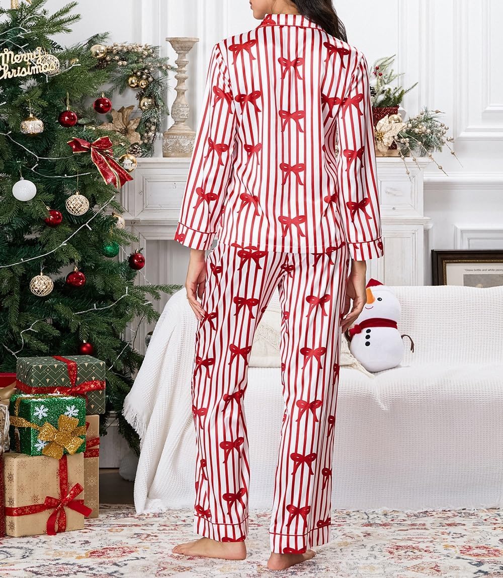Argeousgor Women Cute Christmas Pajama Sets Satin Silk Pajamas Long Sleeve Shirt Wide Leg Pants 2 Piece Pjs - Image 4