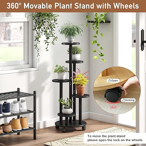 Miniatura 3 de FILWH Soporte de 5 niveles para plantas al aire libre e interior, soporte de flores movible de bambú alto con ruedas, estante para macetas, estante