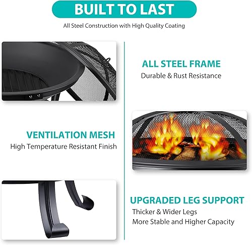 Miniatura 8 de Fogata de 22 pulgadas de acero para exteriores, parrilla de barbacoa de leña, chimenea con pantalla de malla y póquer de fuego, rejilla de troncos