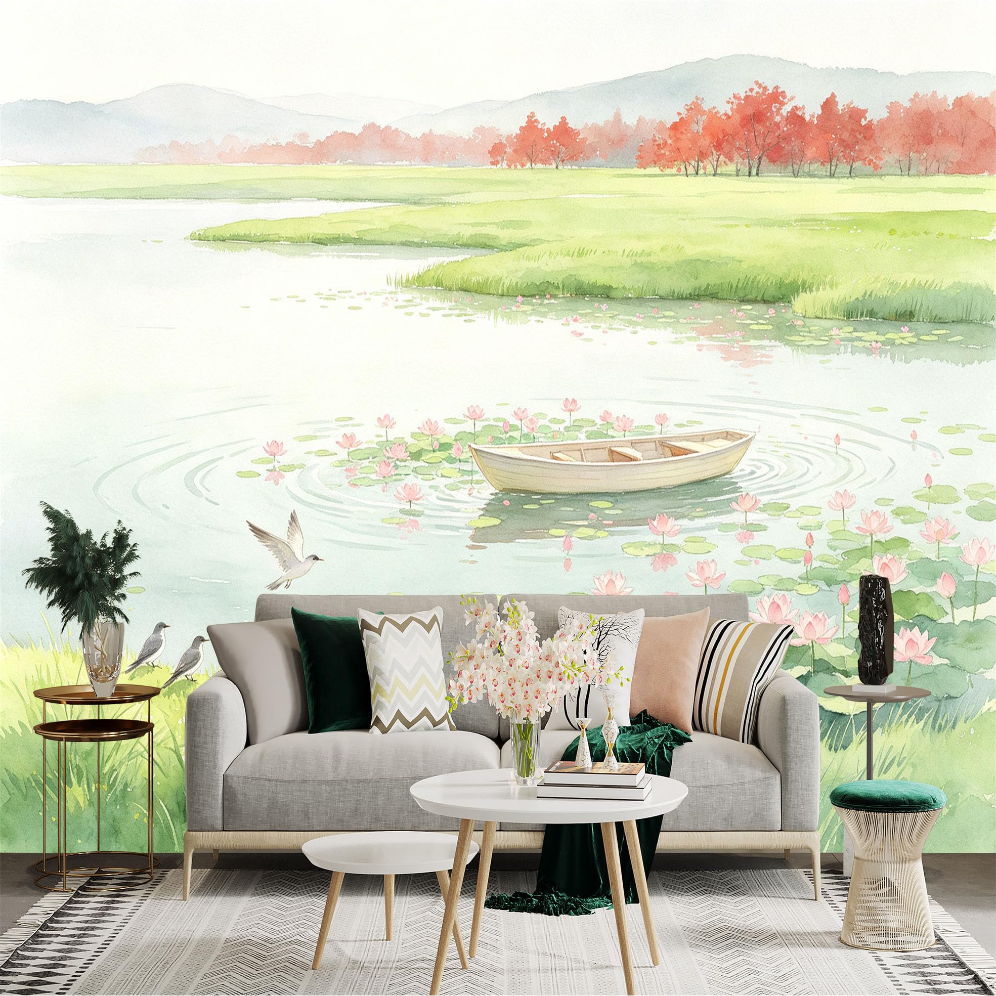 Custom Size Wall Sticker Mural， Watercolor Lotus Pond with Small Boat， Birds on Shore， Serene Nature Landscape， for wall Decoration， peelandstick wall Decals.