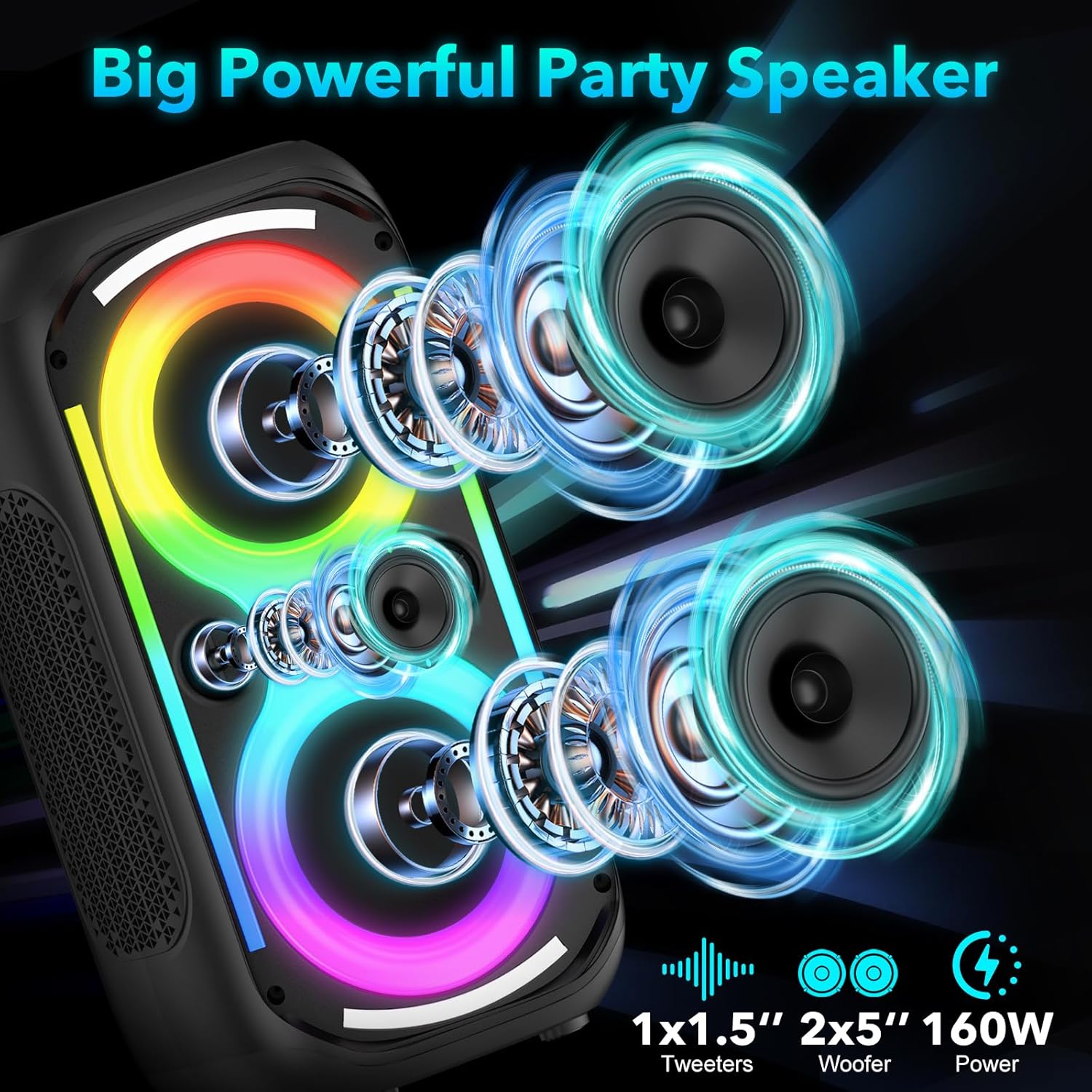 Bluetooth Speaker 160W Loud Wireless Outdoor Portable Big Powerful Deep Bass Sound TWS Large Home Party Speakers with Subwoofer LED Lights(Black)