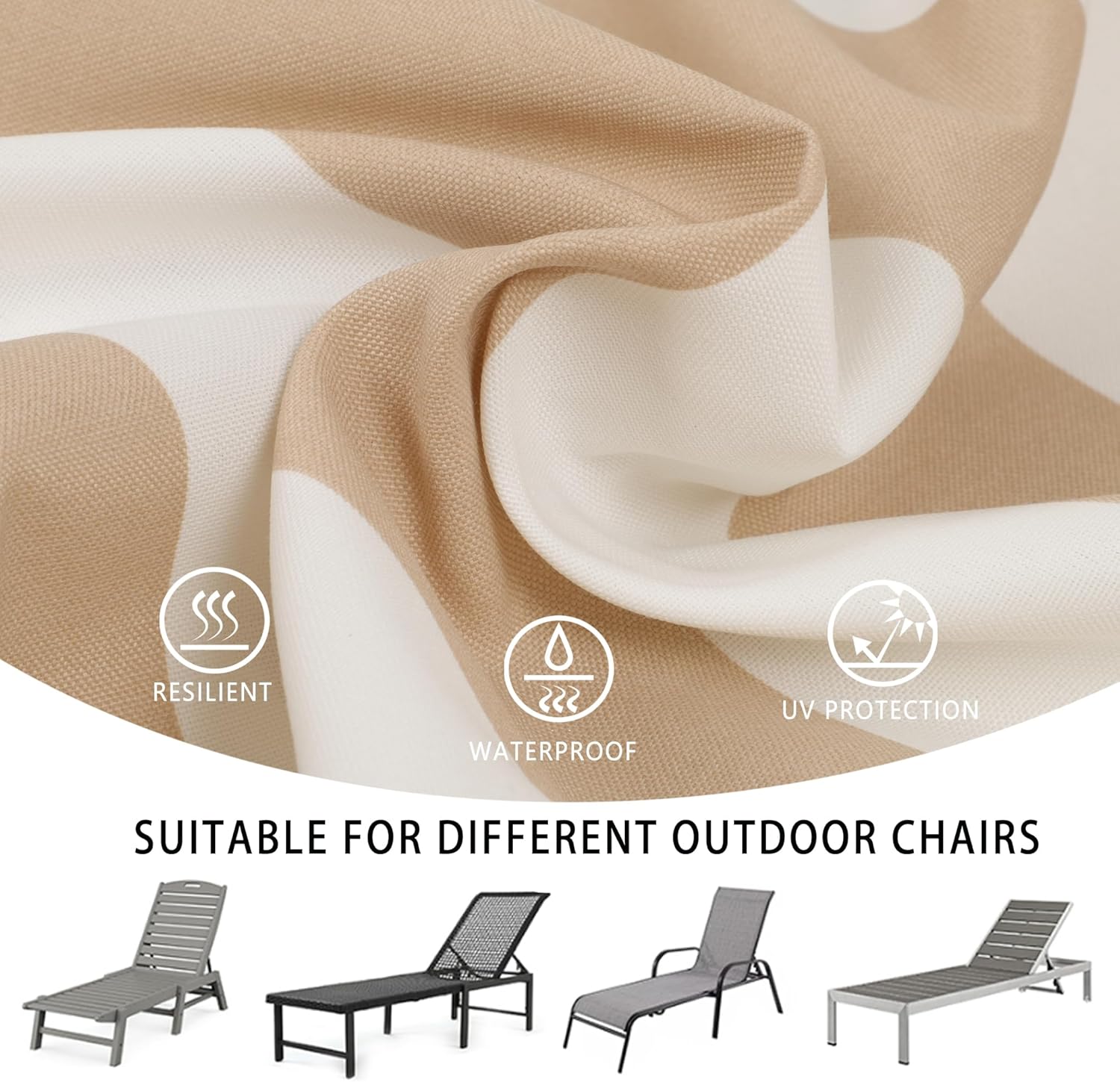 Outdoor Chaise Lounge Cushions Set of 2, 75"x22"x3" Thick Patio Chaise Cushions with Straps, Water-Resistant & Fade-Resistant Foam for Pool, Lawn Furniture-Beige/White Striped