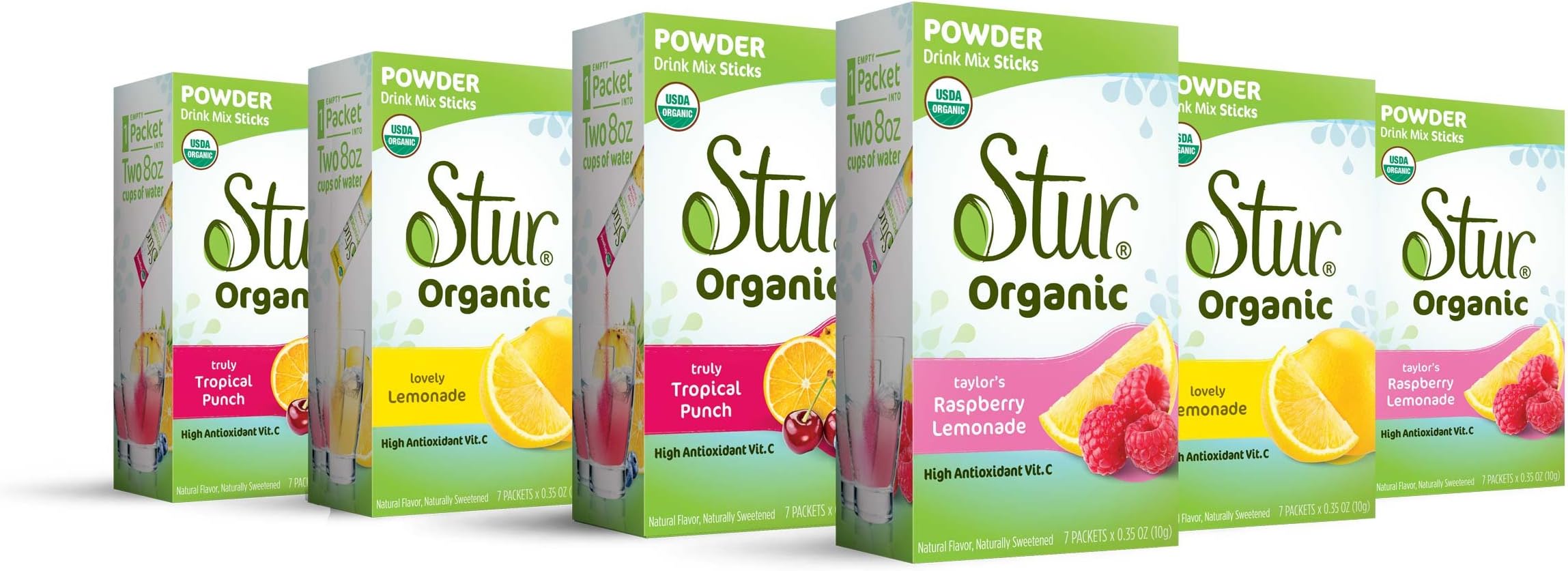 Stur Organic Best Seller 6 Pack. 7 Powdered sachets per Pack. High in Vitamin C. Organic Non-GMO Ingredients. New Alternative to Squash or Fruit Juice