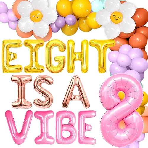 Eight is A Vibe - Decoración de fiesta de 8. cumpleaños, pancarta hippie bohemia, decoración retro de flores de margaritas de los años 60 y 70,