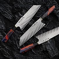 Vista 2 de Cuchillo Santoku de acero de Damasco hecho a mano, cuchillo de chef japonés Tanto con vaina, cuchillo Bunka de 8 pulgadas, cuchillos para cortar