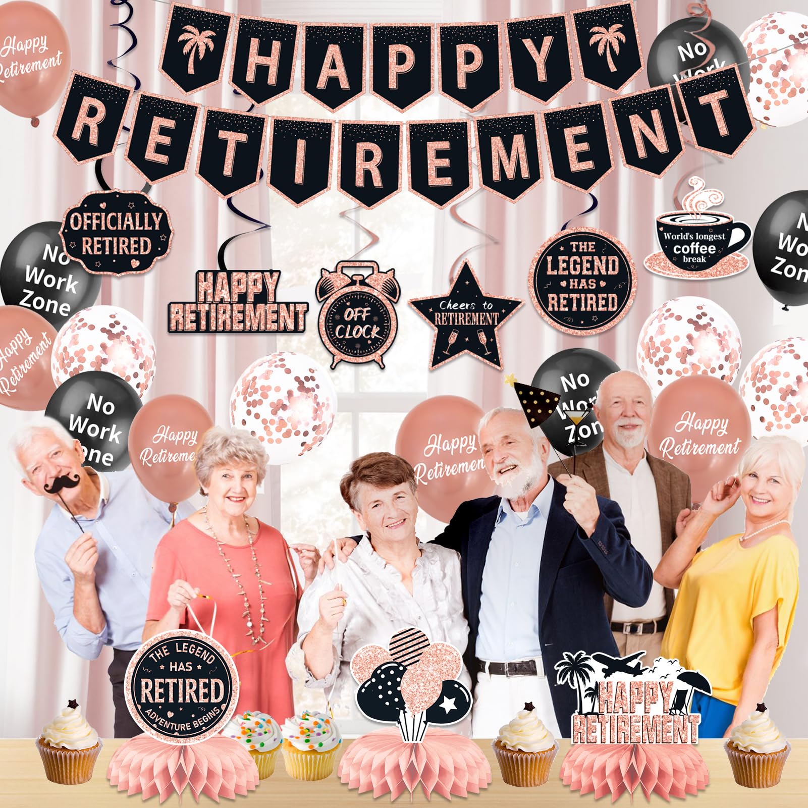 25Pcs Retirement Party Decorations for Women, Rose Gold Happy Retirement Banner Balloons Party Supplies, The Legend Has Retired Farewell Theme Honeycomb Centerpiece Swirl Decor