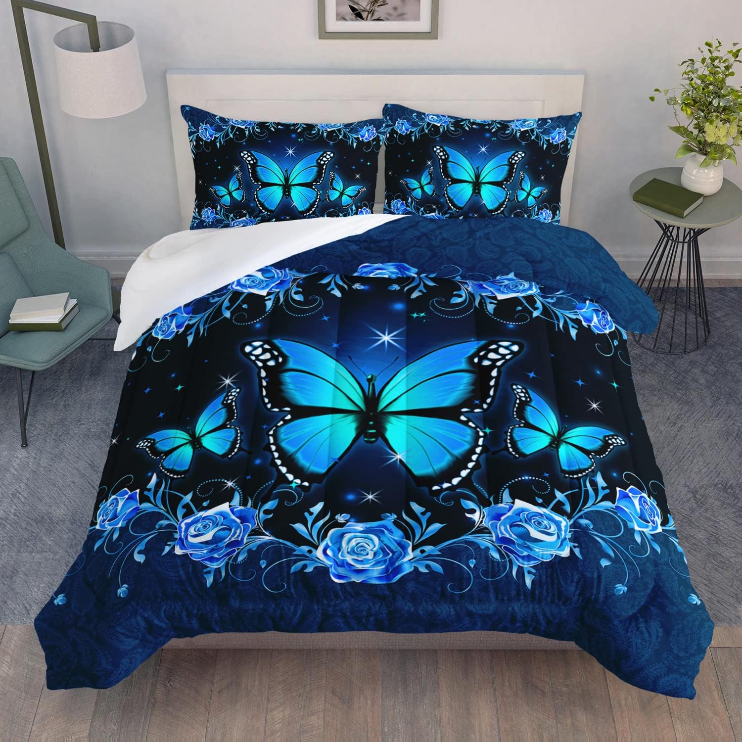 AILONEN Butterfly Comforter Set Queen Size, Starry Blue