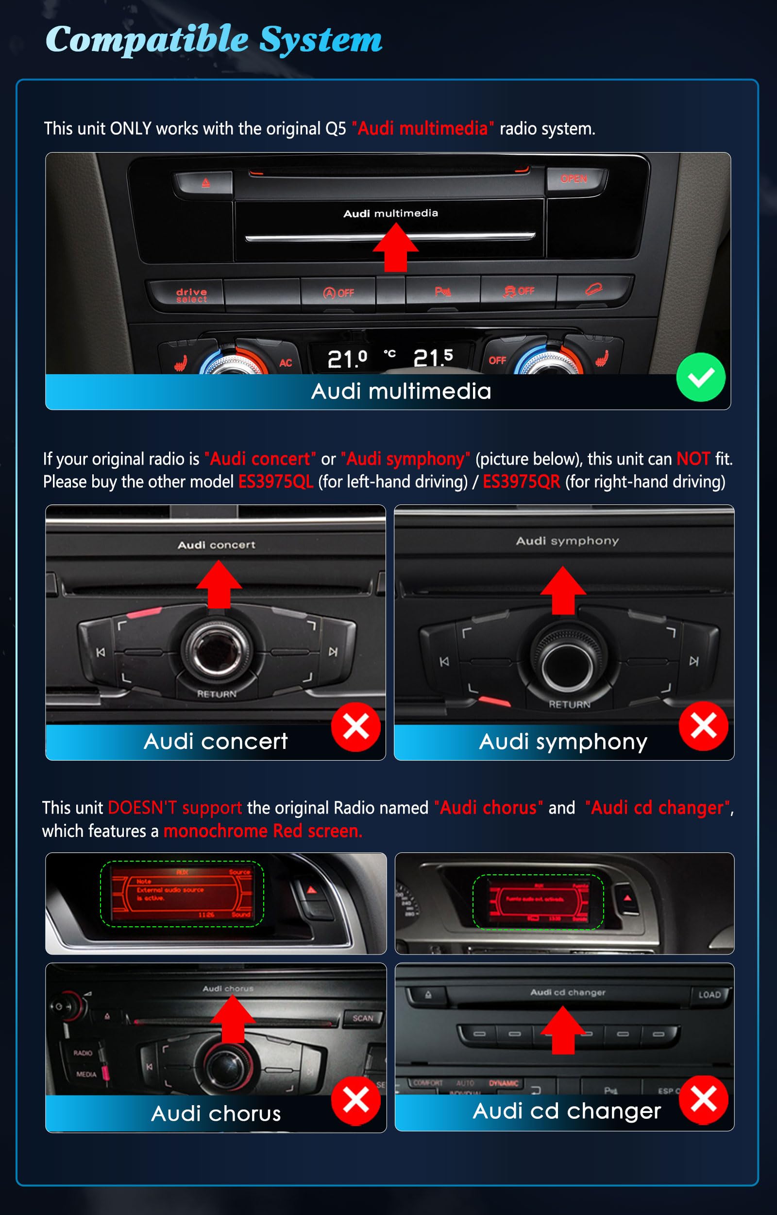 Erisin 10.25" Qualcomm 8-Core 4GB RAM+64GB ROM Android 14 Radio Coche Bluetooth para Audi Q5 (2009-2016) Alta configuración Soporte Wireless CarPlay Android Auto MMI Canbus IPS Pantalla WiFi 4G Dab+
