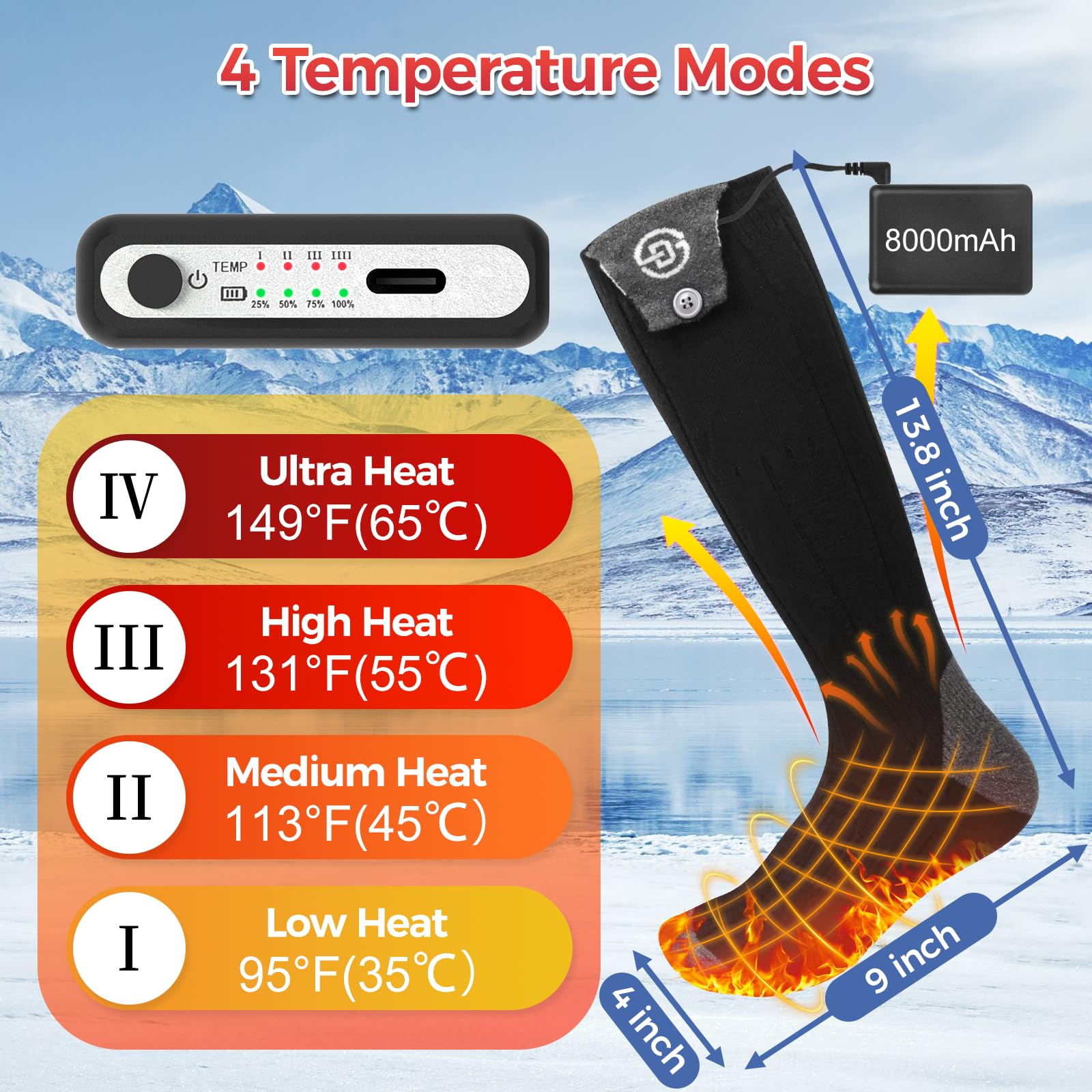 Beheizbare Socken 5v 8000mAh Wiederaufladbare Fußwärmer Warme Socken Damen Herren APP-Steuerung Beheizte Socken 4 Temperatur Heizsocken Skisocken für Outdoor Skifahren Wandern Winter Camping