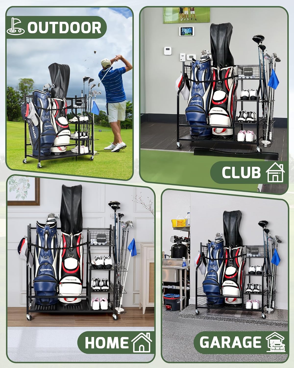 Golf Bag Storage Organizer Rack for Garage, Golf Bag Stand with Rolling Wheels, Heavy-Duty Metal Golf Equipment Organizer for Home, Garage, Clubhouse