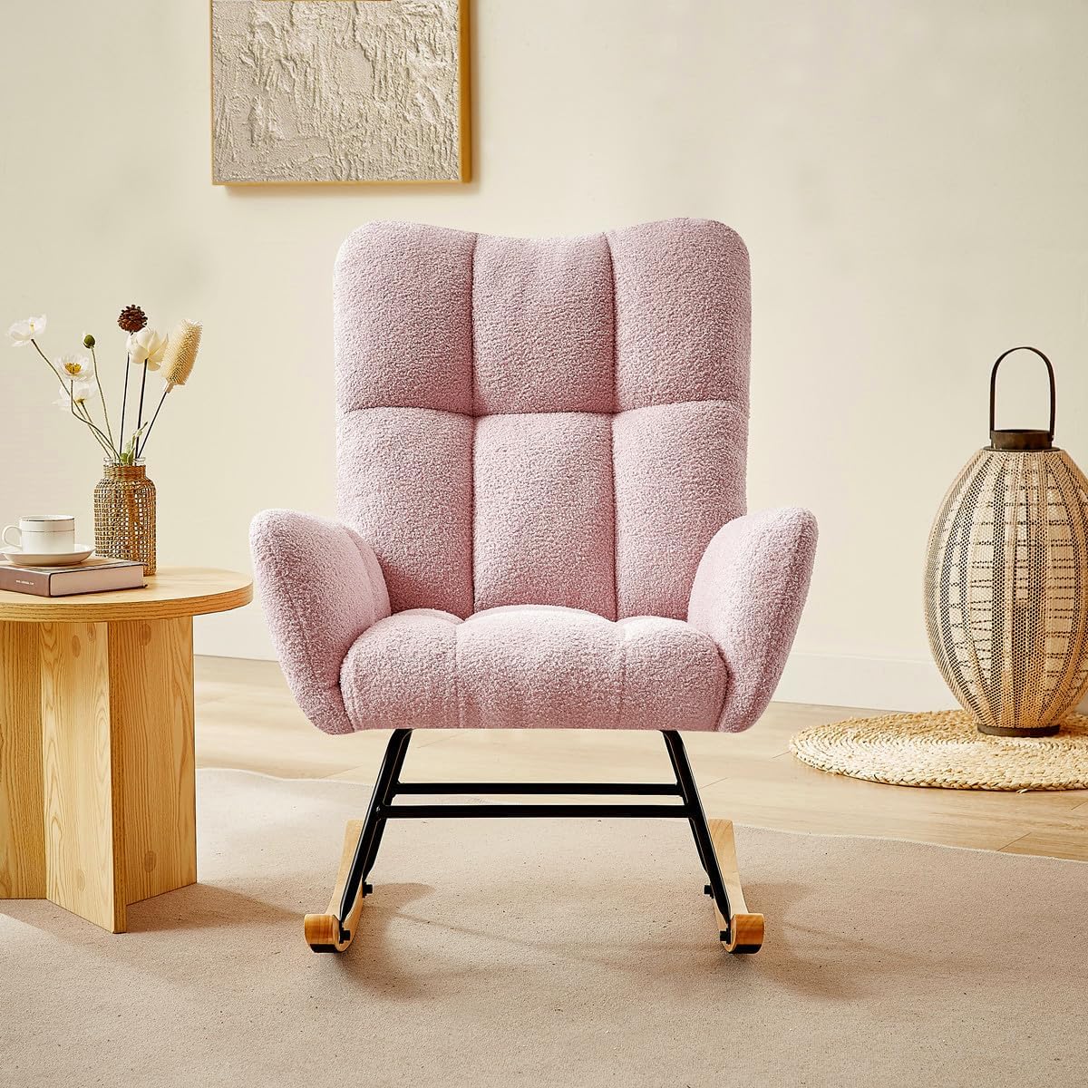 Teddy Rocking Chair Nursery, Modern Teddy Fabric Nursing Chair for Mom and Baby, Accent Upholstered Rocker Glider Chair with High Backrest for Nursery, Living Room, Bedroom (Pink)