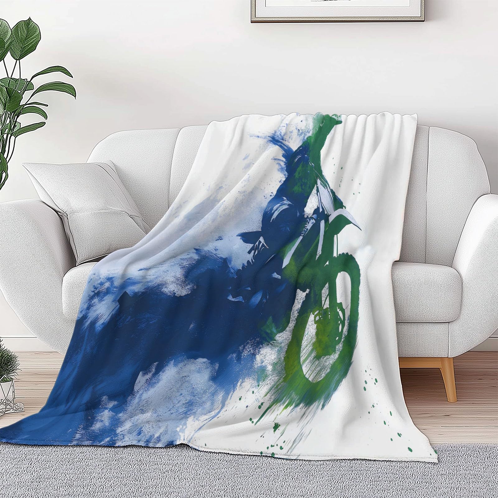 Sztuka abstrakcyjna, ultramiękki koc flanelowy, narzuta, 220 x 240 cm, pluszowy i ciepły, abstrakcyjny, zielony, niebieski, terenowy, motocykl, lekki koc na łóżko, na sofę, podróż i dla dzieci