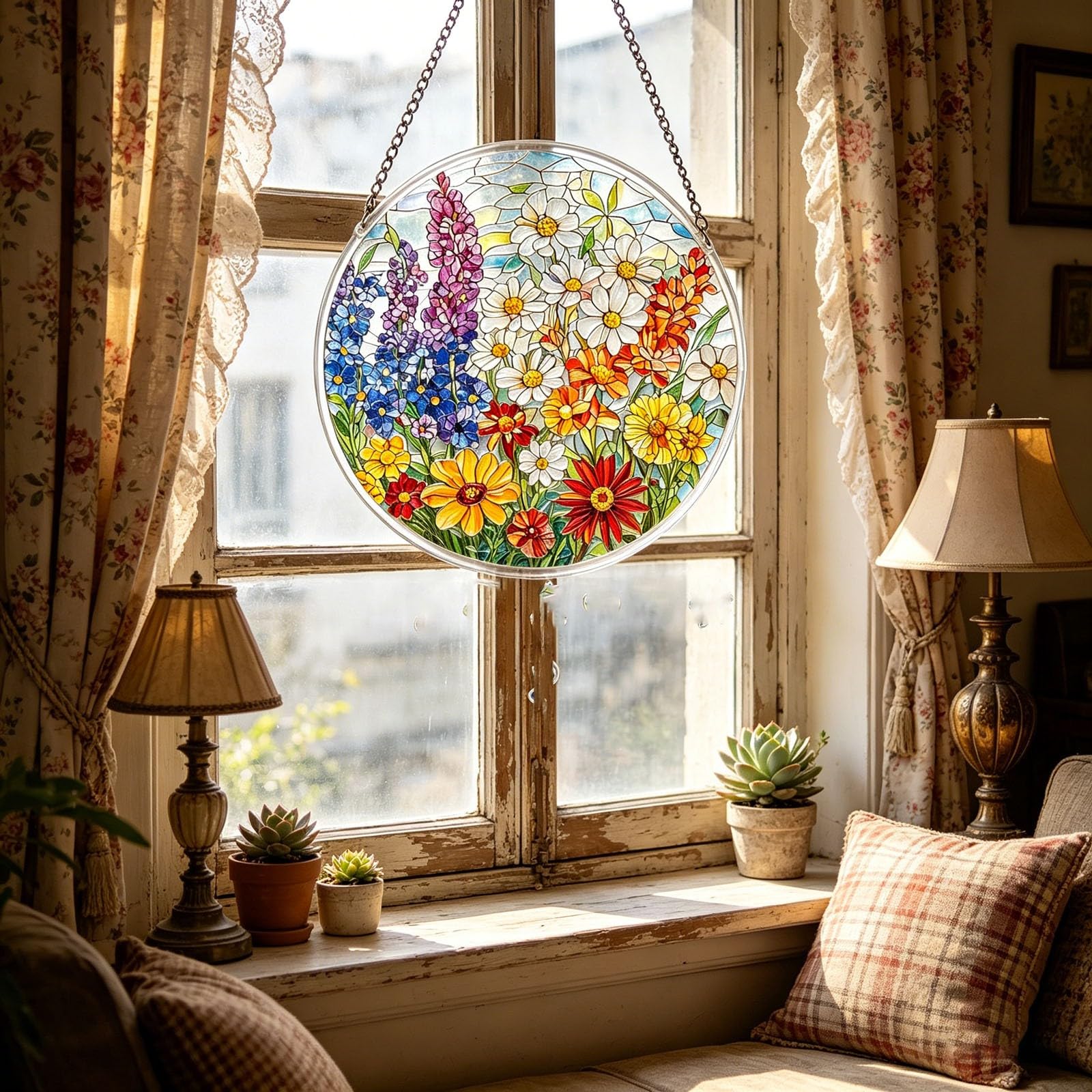 Acrylic Puzzles Suncatcher Window Hanging - 83 Pieces 7.4 Inch Stained Glass Sun Catcher Puzzle Farmhouse Decorations for Home Garden Patio, Birthday Gifts for Mom Women Adults (Garden) - 5