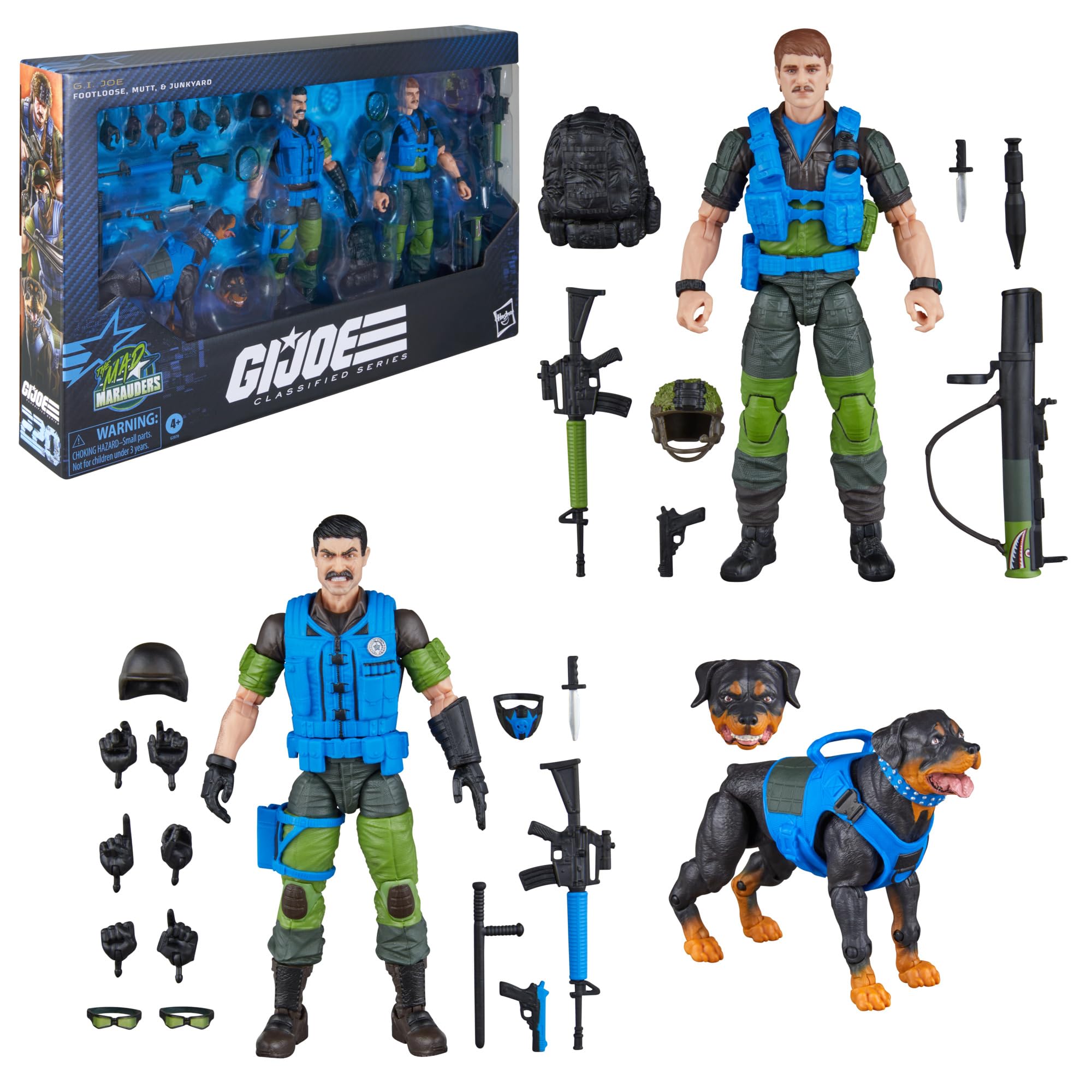 G.I. JOE Classified Series #220, Mad Marauders Footloose, Mutt, & Junkyard, Two 15 cm Action Figures with 23 Accessories & Rottweiler Dog Figure with 1 Accessory