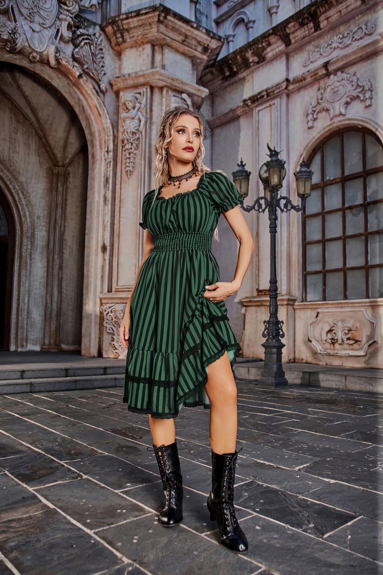 SCARLET DARKNESS Gothic Pirate Corset Dress for Women Summer Vintage Square Neck Renaissance Dresses: Medium Green Black Stripe