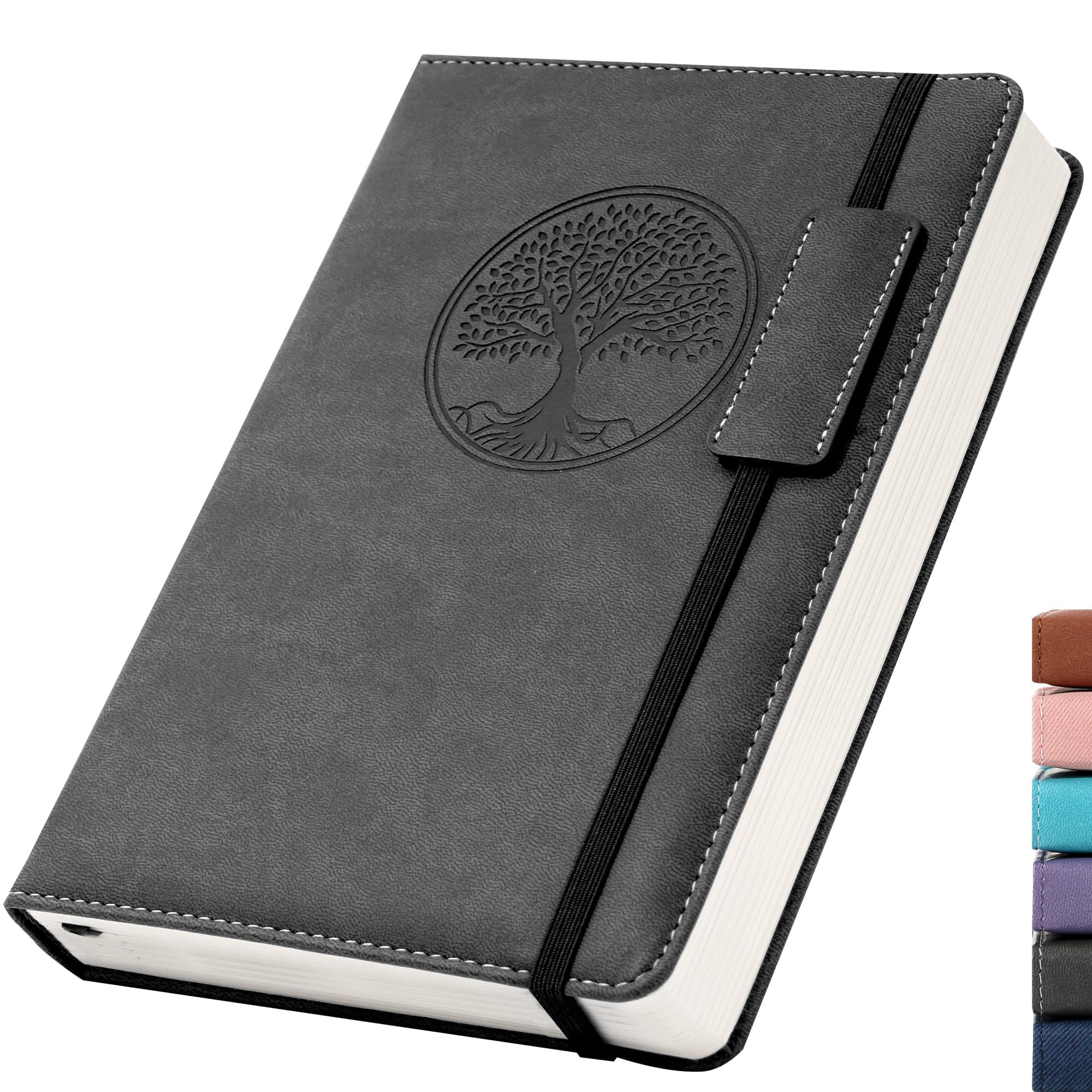 CAGIE Leather Lined Journal Notebooks for Work Tree of Life Journals for Writing, College Ruled Notebook with 256 Pages, 5.7"x8.3", Black