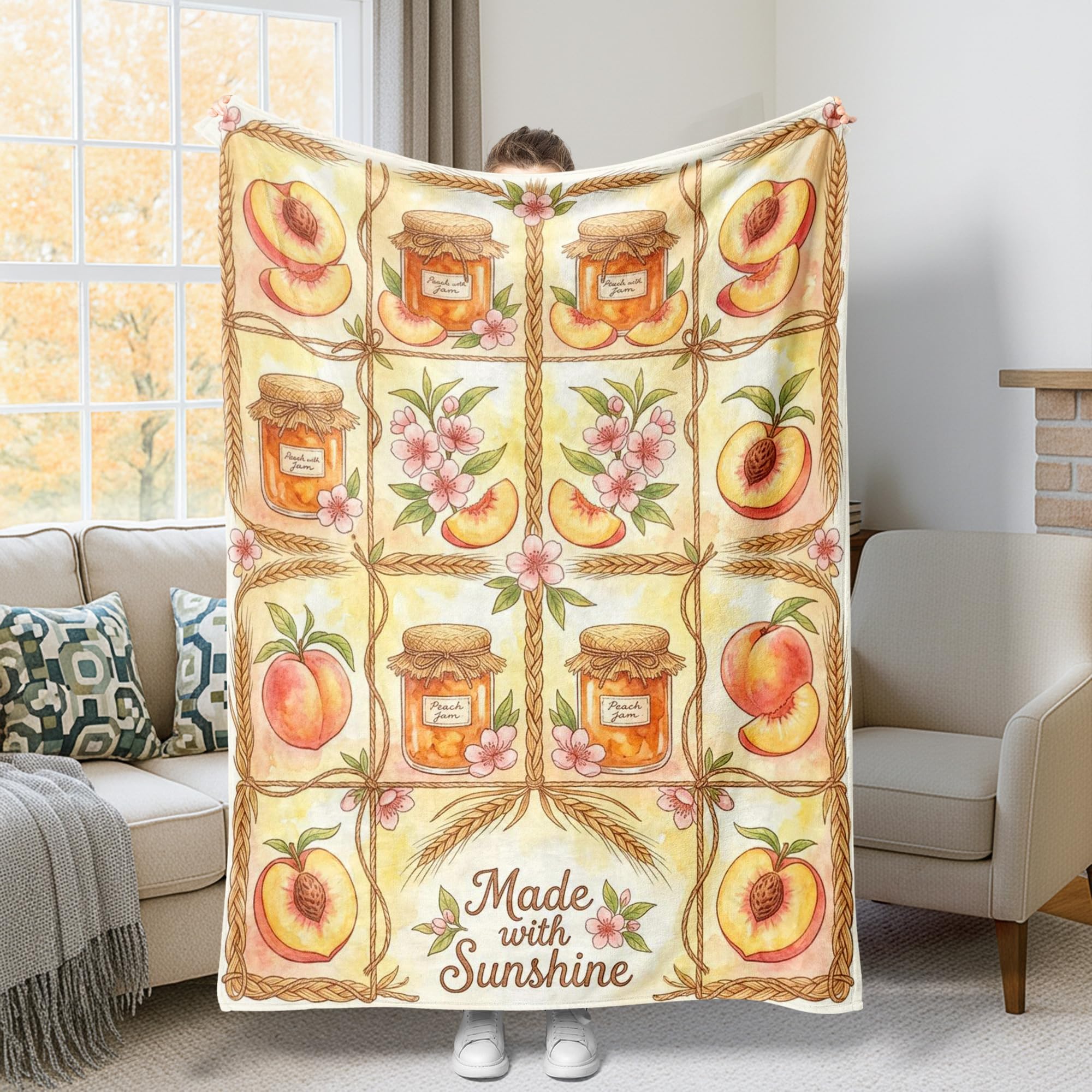 Manta de cama estilo rústico vintage y flores amarillas con textura de felpa estética premium
