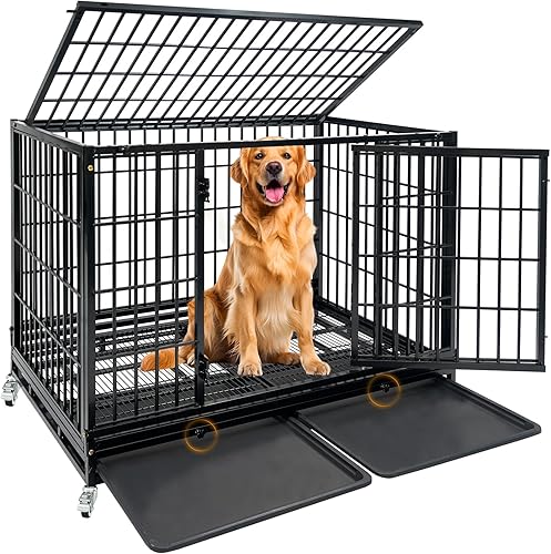 Jaula para perros indestructible de alta resistencia de 47 pulgadas con bandeja extraíble, jaula de metal a prueba de escape, para interiores con