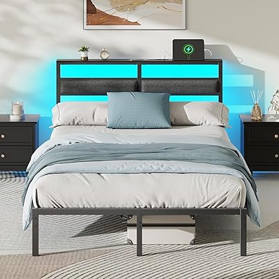 Full Size Bed Frame with Headboard, Bed Frame Full Size with LED Light and Charging Station, Black Metal Platform Bedframe and Storage Shelf, No Box Spring Needed, Noise Free