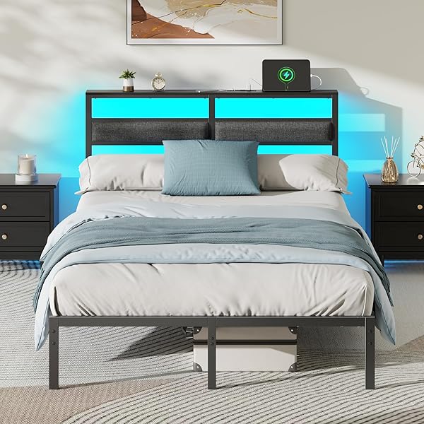 Full Size Bed Frame with Headboard, Bed Frame Full Size with LED Light and Charging Station, Black Metal Platform Bedframe and Storage Shelf, No Box Spring Needed, Noise Free