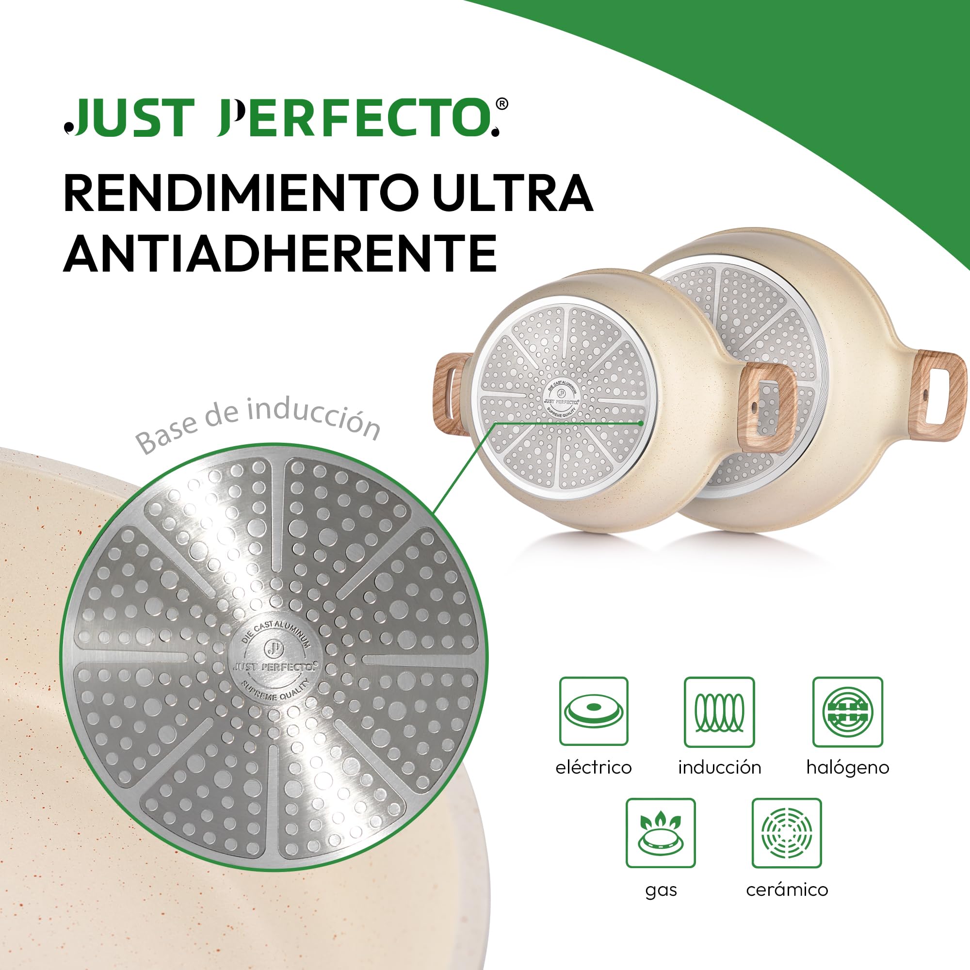 JUST PERFECTO Bateria de Cocina Induccion y Sartenes Antiadherentes, Ollas 28cm, Sartenes 24cm 28cm, Cacerolas libre de PTFE y PFOA (15 piezas beige)