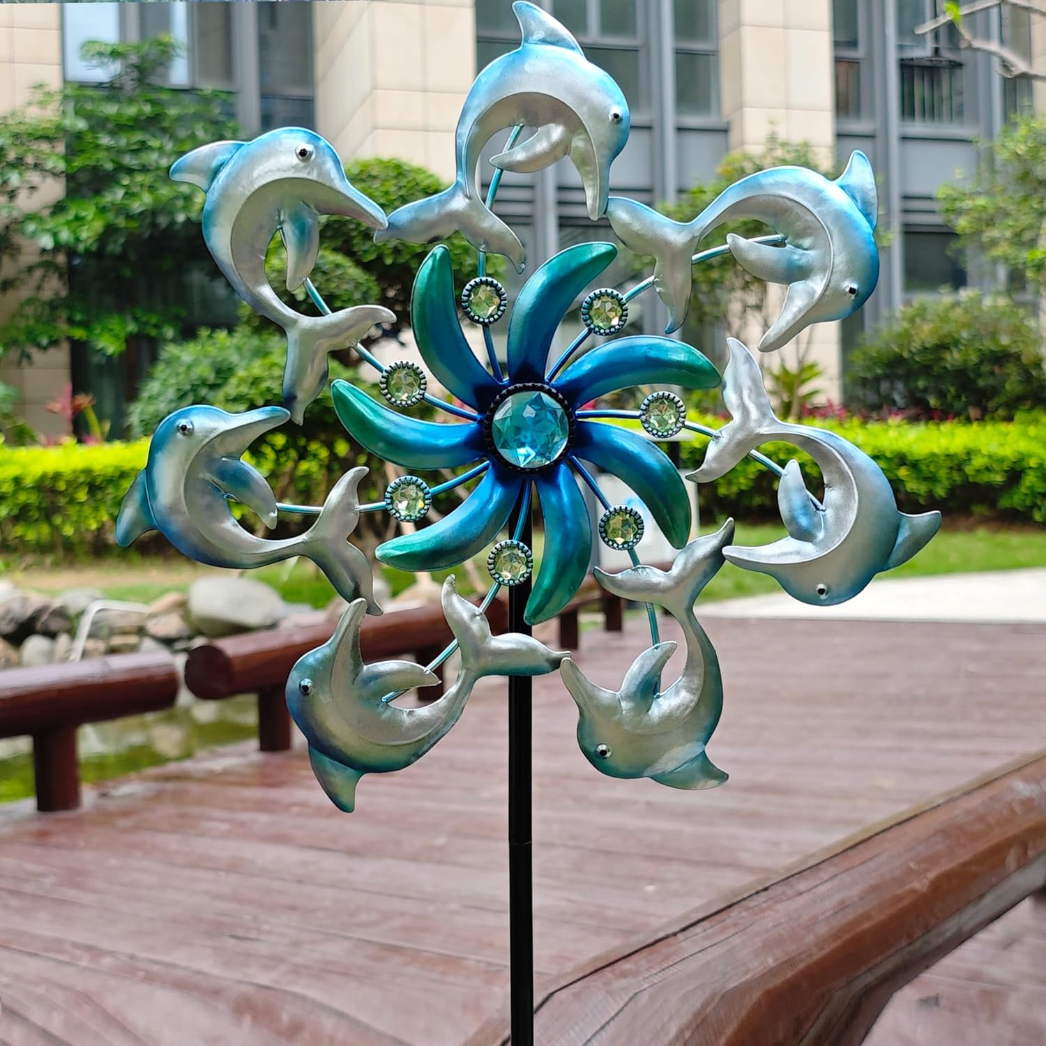 COOZZYHOUR 39" Dolphin Wind Spinners Metal Windmill Garden Stake,Ocean Theme Outdoor Wind Spinner,Wind Sculptures Yard Art Decorations for Patio,Lawn & Garden Decor