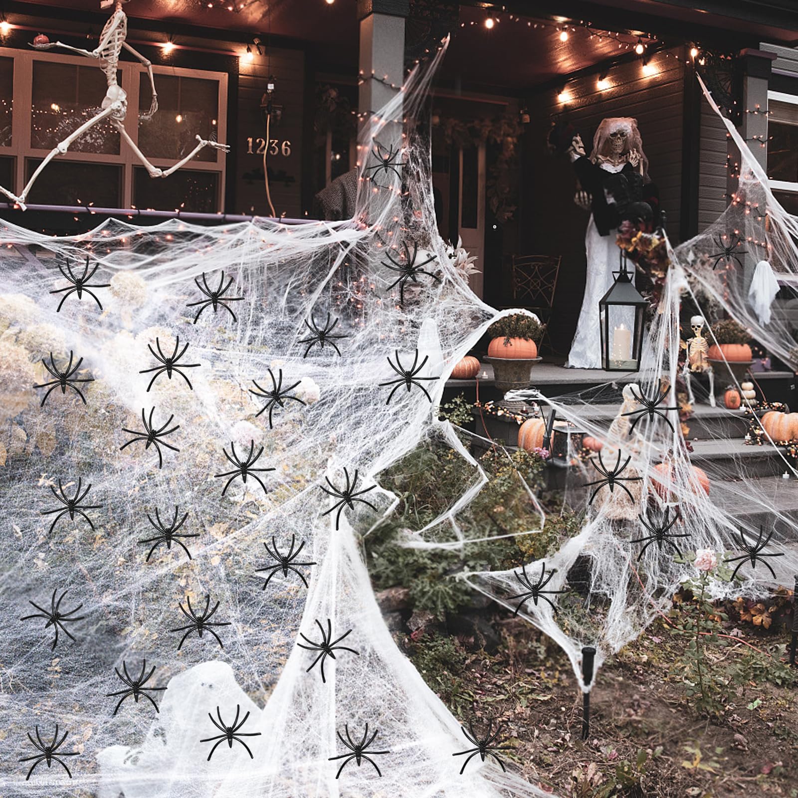 SIMUMU 1000 Sq Ft Spider Web Halloween Decorations, 60 Fake Spiders, Super Stretch Cobwebs for Indoor/Outdoor Party