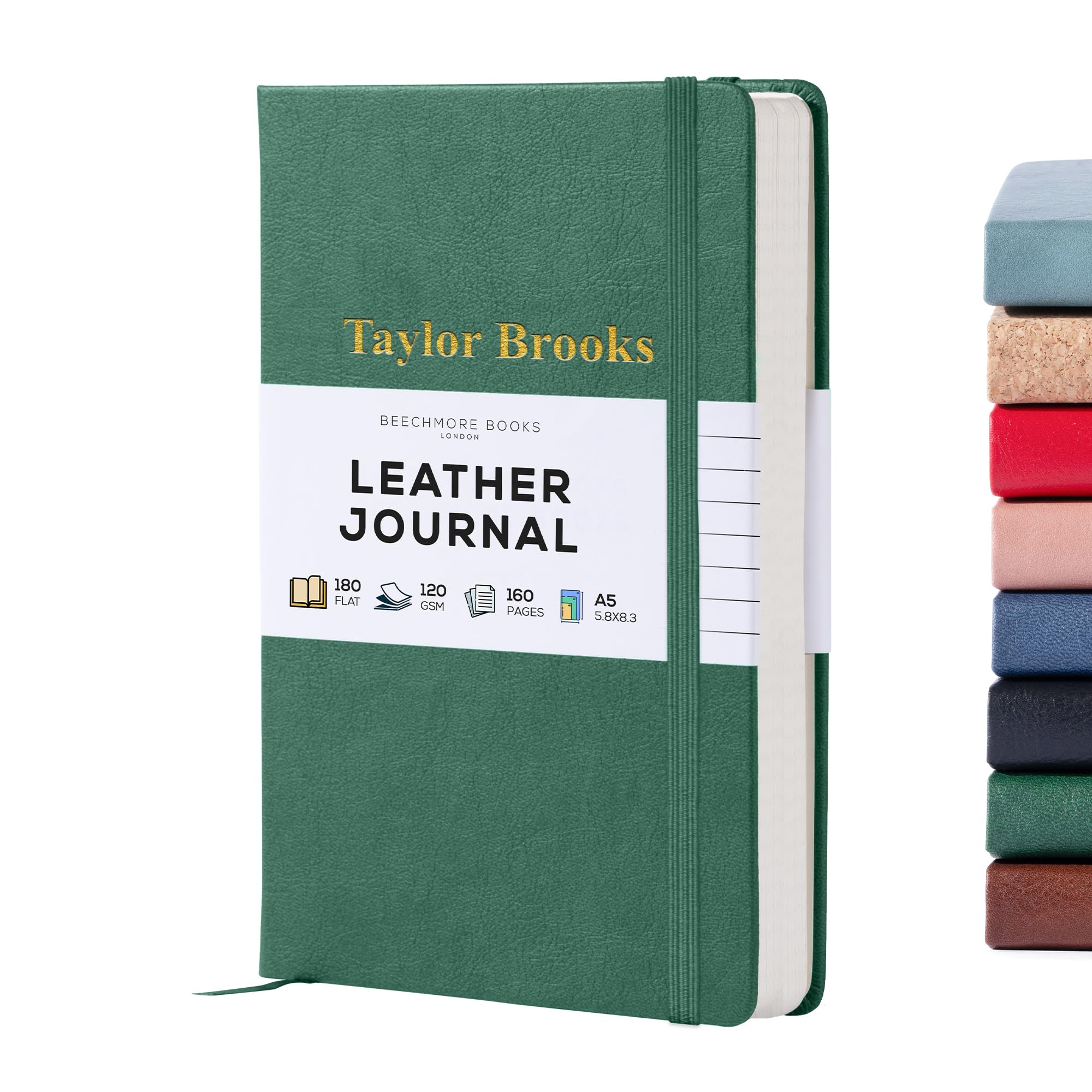 Beechmore Books Ruled Journal Notebook - A5 Brown 160 Lined Pages 8.3 x 5.8 inch Leather Daily Journals For Writing - Thick 120gsm Cream Paper Gifts for Men, Women (Personalized, Dartmouth Green)