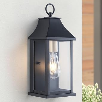 15" Dusk to Dawn Outdoor Wall Lantern, Black Porch Light | Modern, Outside Wall Sconce, Glass, Waterproof Exterior Lamp, For House Porch Patio