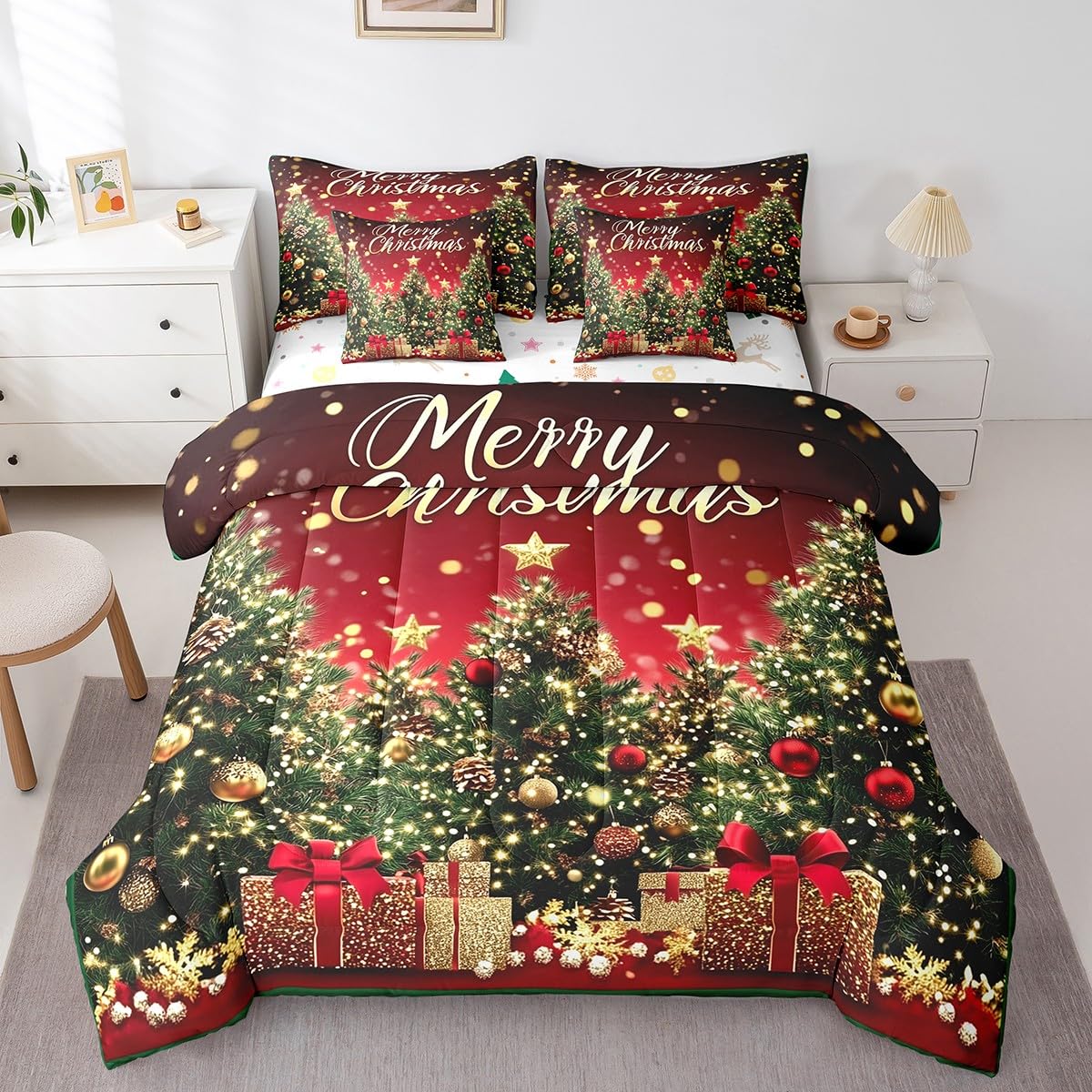 Castle Fairy Boys Girls Kids Xmas Trees Comforter Set 7 Pieces Reversible Bed Set,Happy New Year Bedding Bed in a Bag Soft,Queen (1 Comforter,2