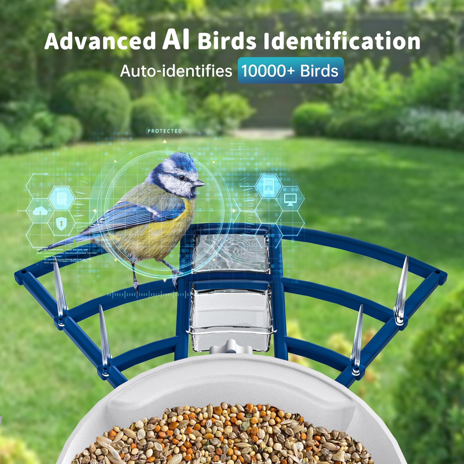 Comedero inteligente para pájaros con cámara, alimentado por energía solar e identificación Bi rd con IA, 2.4 GHz, WiFi, comederos para pájaros para exteriores, video en vivo 2K, alertas de llegada