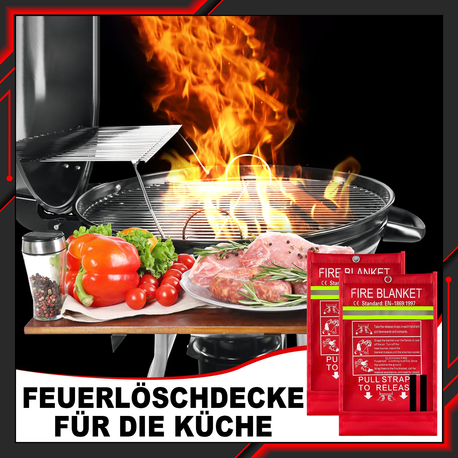 2 Pack Löschdecke für Küche 160x180 Feuerlöschdecke für Zuhause für küche große Löschdecken Aus Glasfasergewebe Gemäß 2 Feuerlöschdecke DIN EN 1869:2019, Geeignet Zum Löschen Von Fettbränden Geeignet