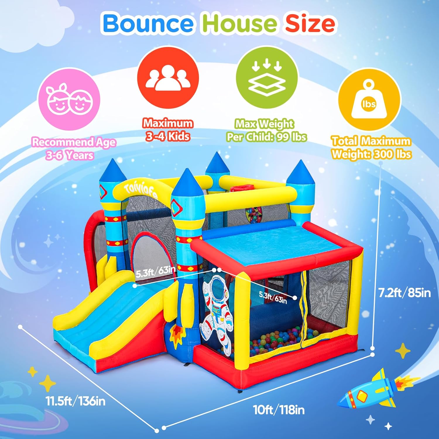 Space Adventure Bounce House for Kids 3–6, with Slide & Ball Pit & Hoop, 11.5FT × 10FT x 7FT Inflatable Bouncy Castle, 7-in-1 Jump House with 480W Blower for Indoor Outdoor Backyard Birthday Party