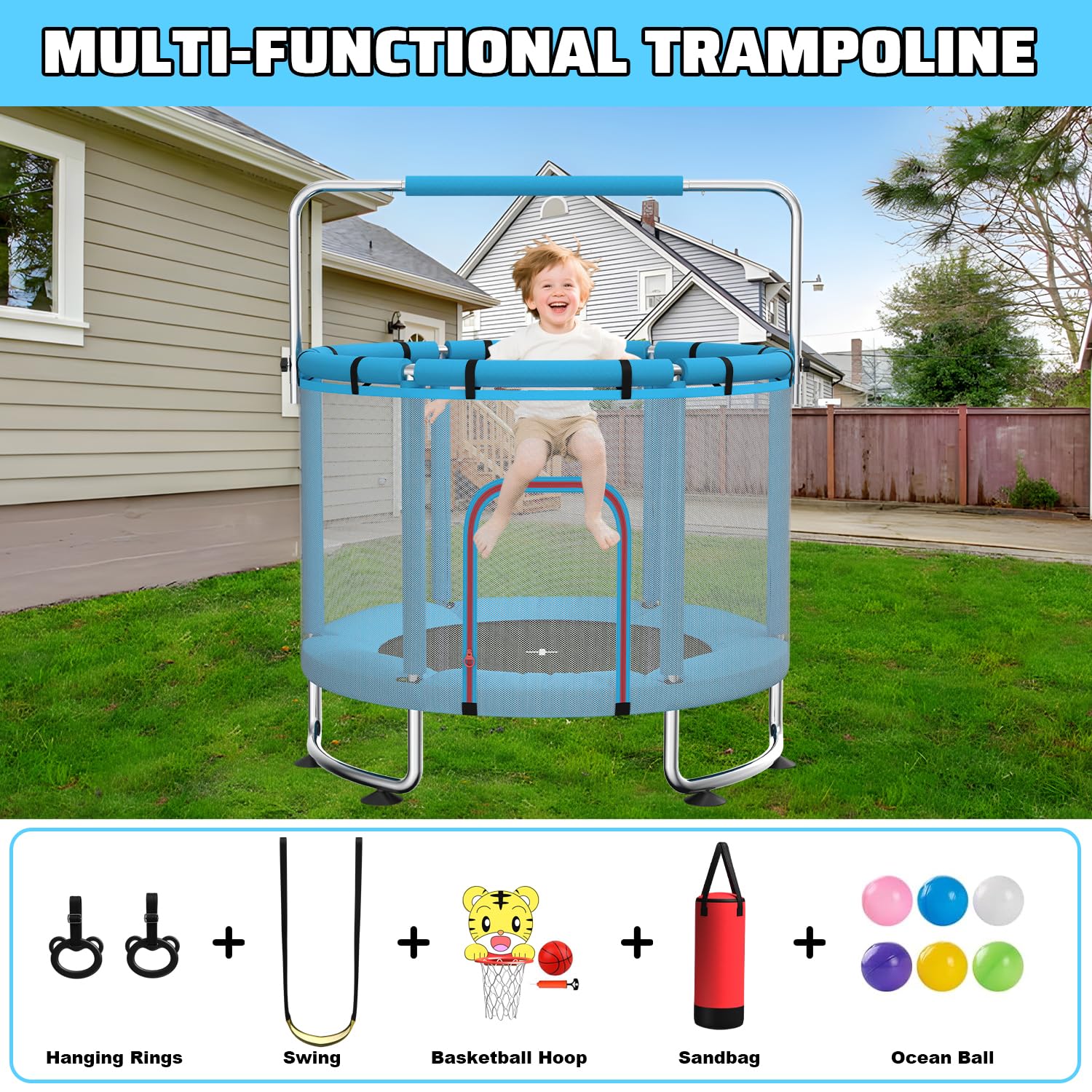 Kindertrampolin 140 cm für drinnen und draußen – 50 kg Belastbarkeit mit Sicherheitsnetz, Verstellbarer Turnstange und Basketballkorb, Geschenk für Jungen und Mädchen