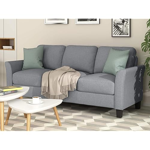 HOUAGI Linen Fabric 3-Seat Sofa Couch for Home Office Living Room(Gray)