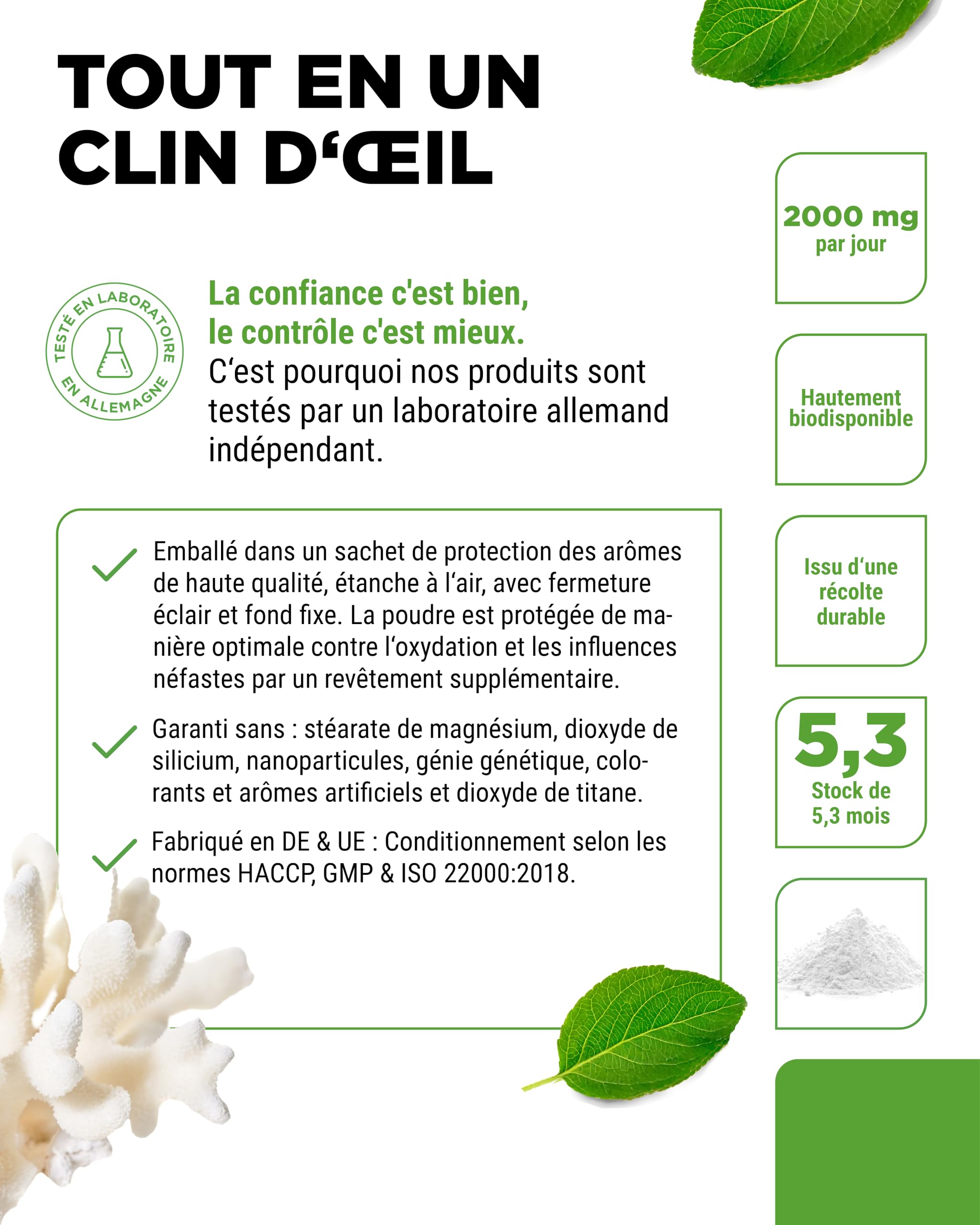 Corail Sango - 320 g de poudre - Source naturelle de calcium (20%) & de magnésium (10%) dans un rapport de 2:1 propre à l'organisme - Sans additif