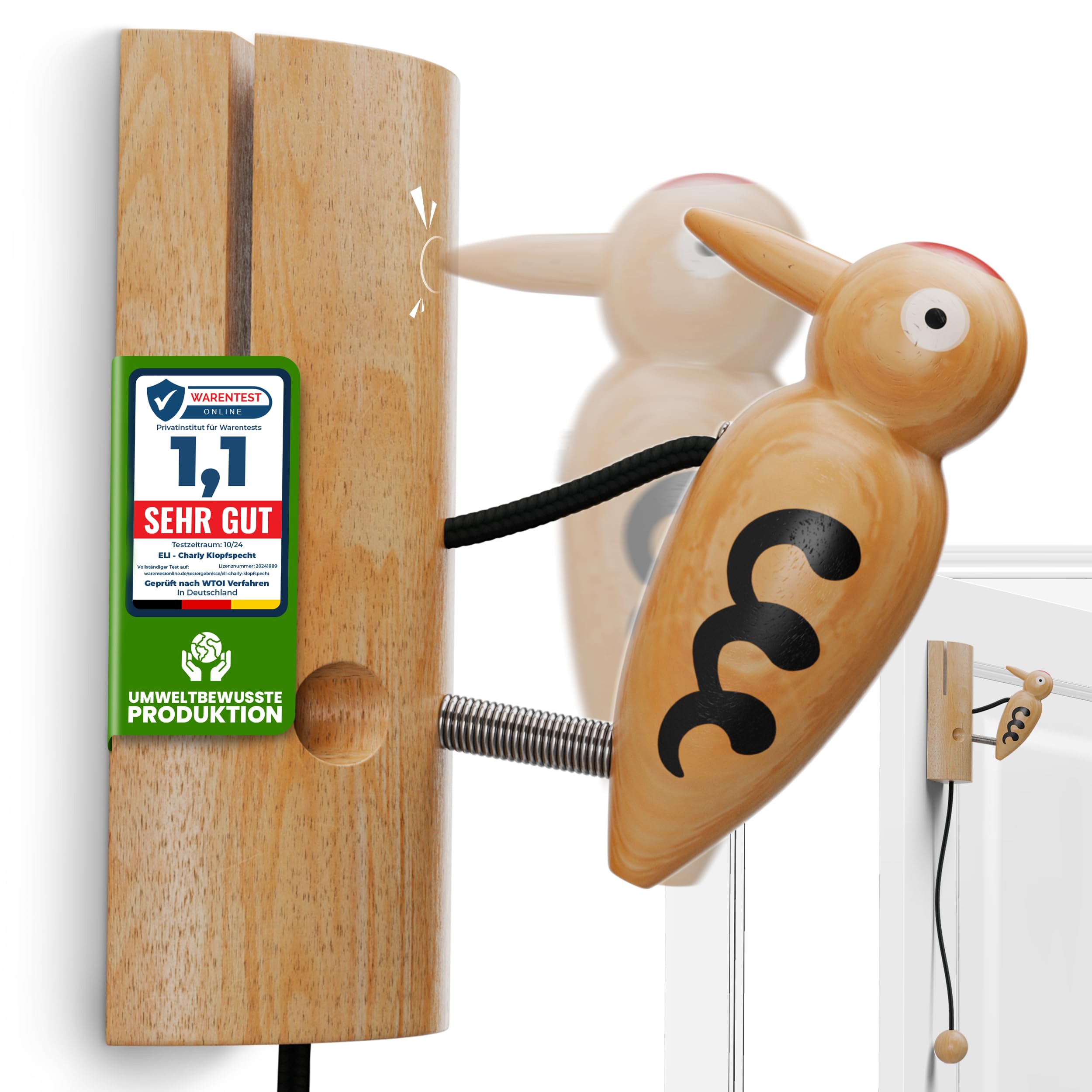 Eli® Wooden Knocking Woodpecker for Children - Bell for Treehouse - Playhouse - Children's Room - Front Door - Stilt House - Children's Play House - Bell - Gift for Boys and Girls - Outdoor - Indoor