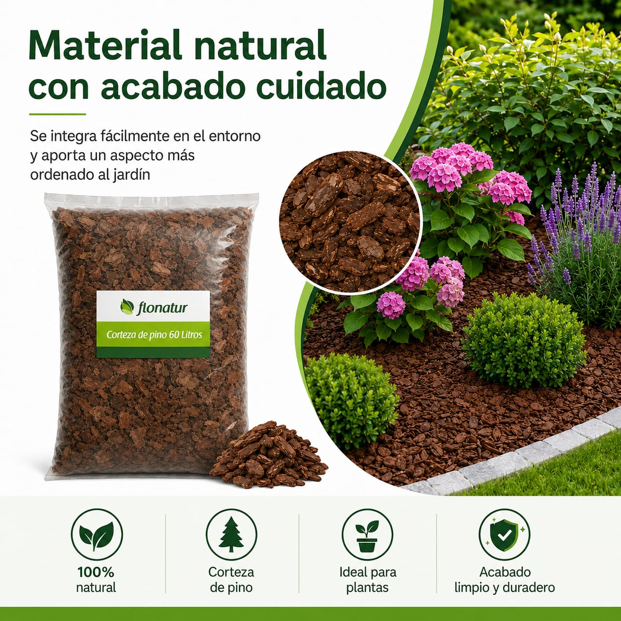 Corteza de Pino Decorativa 60 litros, Ideal para Macetas, Arriates, Plantas y Zonas de Jardín, Protege de Malas Hierbas y Reduce la Erosión