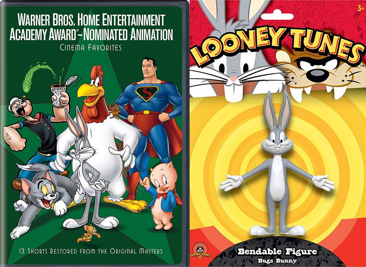 Golden Boy Cartoon Warner Brothers Animation DVD Popeye / Superman / Tex Avery / Chuck Jones + Looney Tunes Bendable Bugs Bunny Wascally Bendy Star Figure Pack Toy Bundle