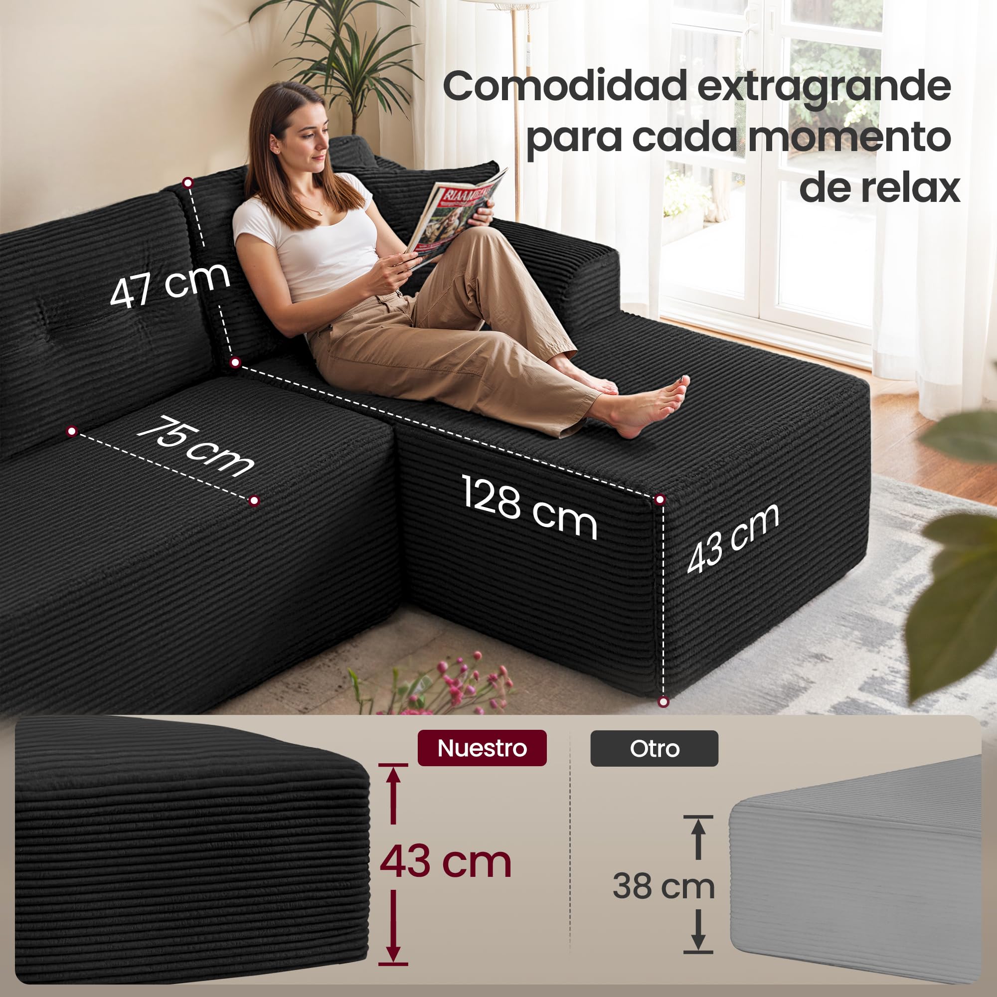 VASAGLE Sofá Esquinero, Sofá Modular de 244 cm, Entrega Compacta, Sin Montaje, con Gran Chaise Longue a la Derecha, para Salón o Habitación de Invitados, Negro, LCS184B101