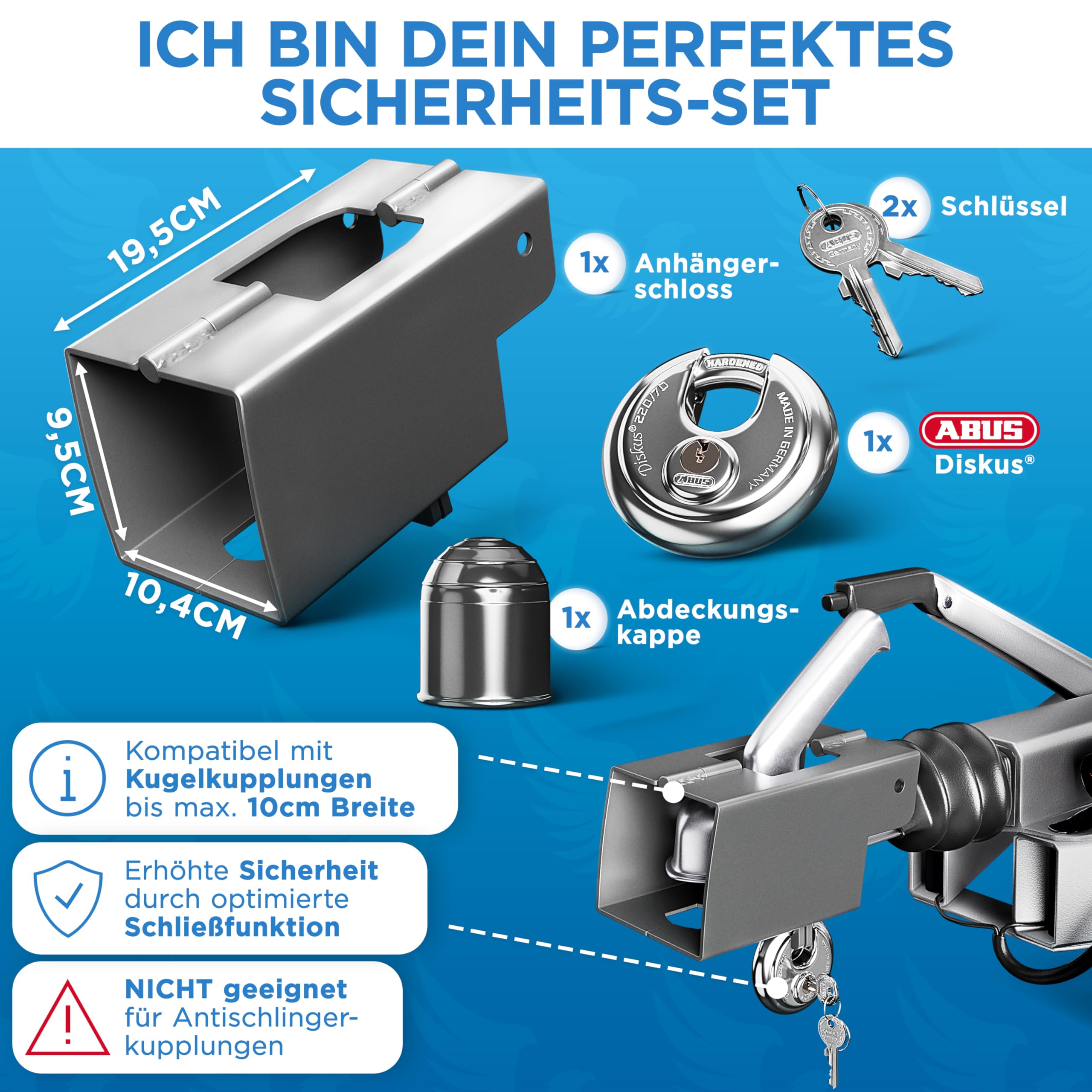 Deagle® ANHÄNGERSCHLOSS MIT ABUS DISKUS – Anhänger Diebstahlsicherung aus Stahl verzinkt & pulverbeschichtet – stabiles Deichselschloss mit Schutzkappe für angekuppelten und abgekuppelten Zustand