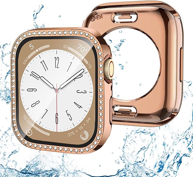 (2-in-1) Bling Waterproof Case Compatible for Apple Watch 44mm Series 6/5/4/SE/SE2 Screen Protector, Front & Back Women Glitter Diamond Crystal Protective Bumper Face Cover for iWatch 44mm,Rosegold